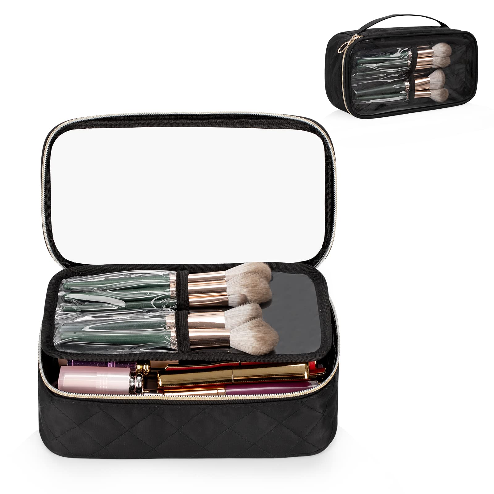OCHEAL Clear Makeup Bag Organizer for Women - Travel Cosmetic Pouch with Brush Compartment & Divider - Portable Cute Makeup Case for Girls (Black) | Perfect for Travel, Gym & Daily Beauty Essentials
