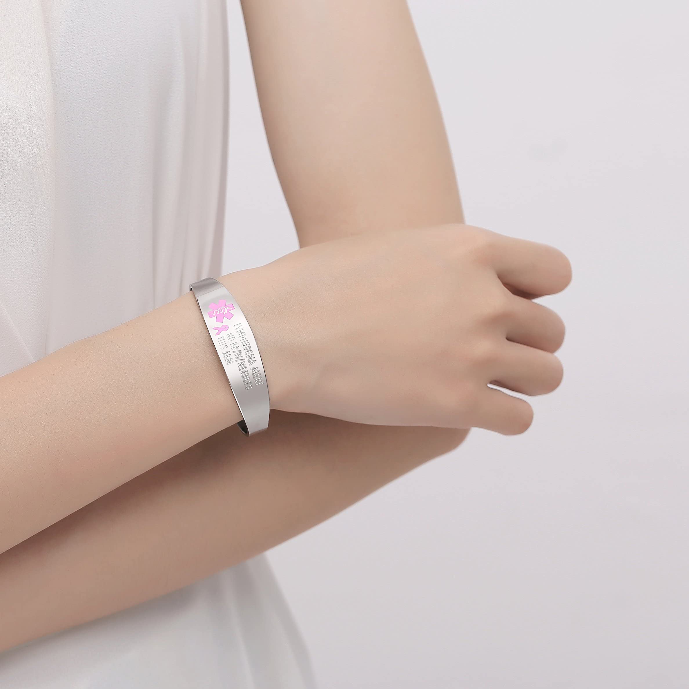 Mnmoom Stainless Steel Medical ID Bracelet for Women - Pink Ribbon, No BP, No Needles, Lymphedema Alert - Perfect for Daily Wear & Emergency Situations