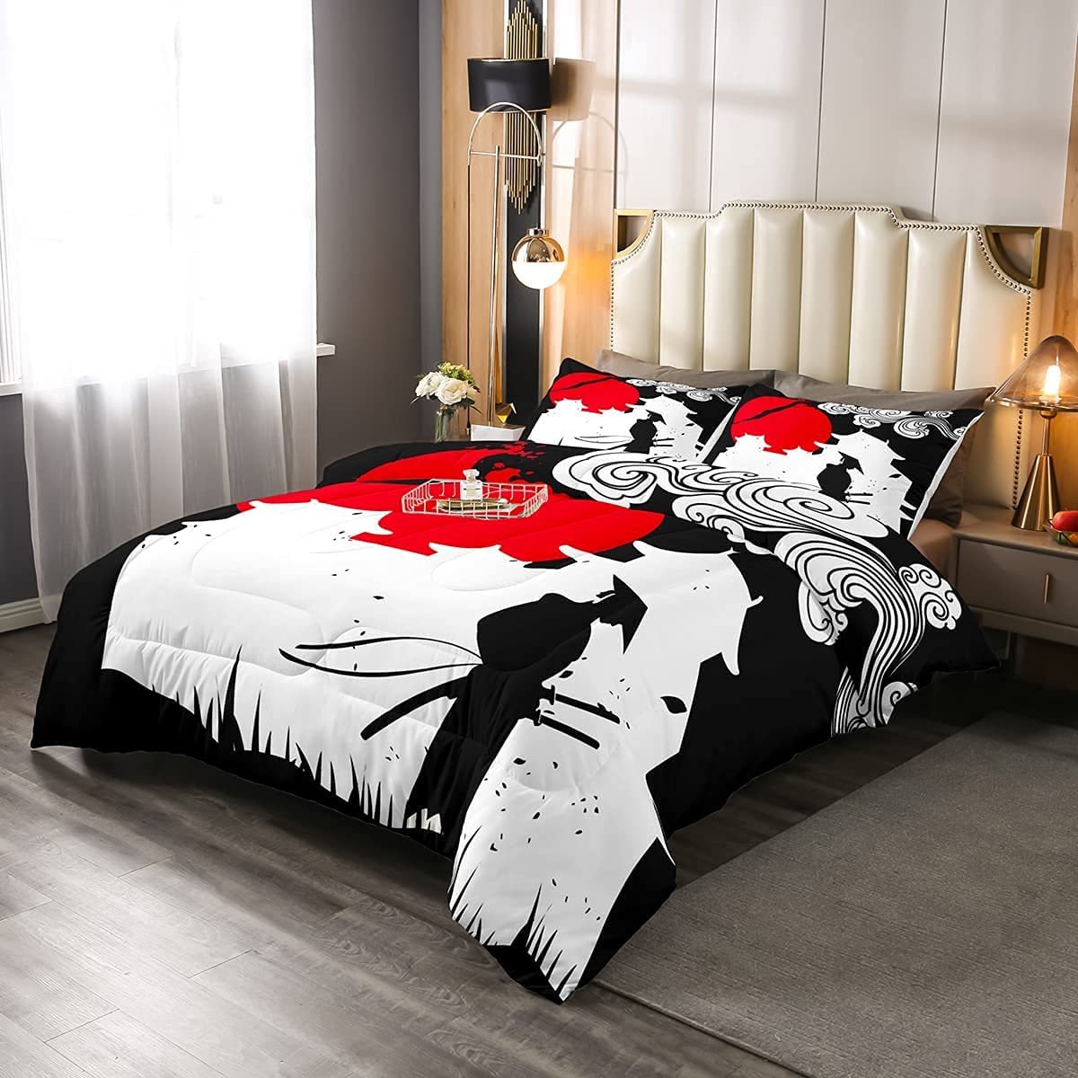 Erosebridal Samurai King Size Comforter Set - Sunset Print Down Alternative Quilt, Japanese Ukiyoe Duvet Cover with Building Silhouette Design | Ultra Lightweight & Breathable Bedding | Perfect for Modern, Asian-Inspired & Zen Bedroom Decor
