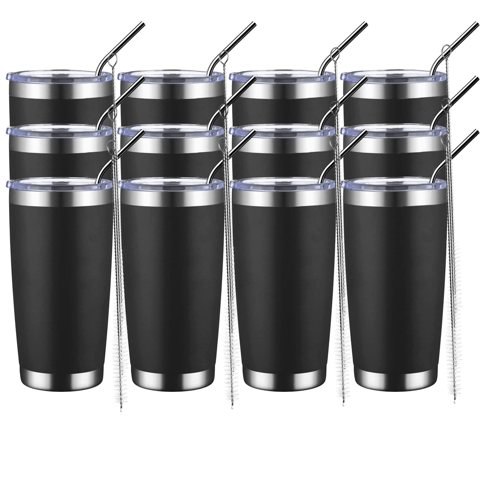 MUCHENGHY 20oz Stainless Steel Tumbler with Lid and Straw - 12 Pack Black Double Wall Vacuum Insulated Coffee Cup - Keeps Drinks Hot/Cold for 24 Hours - Perfect for Travel, Office, Gym & Outdoor Activities