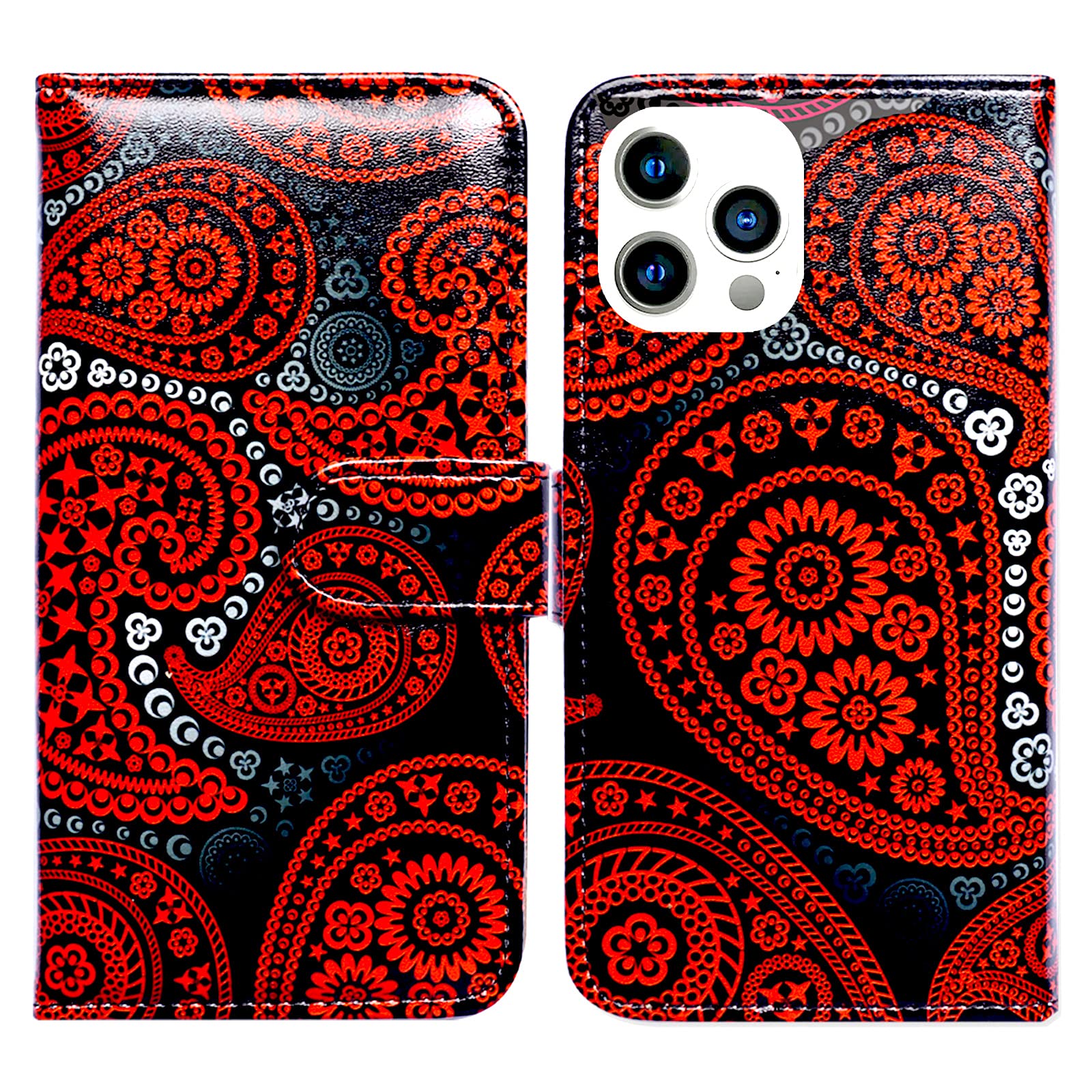 Premium iPhone 13 Pro Max Case - BCOV Red Paisley Black Leather Flip Wallet Cover with Card Slots & Kickstand | Stylish Protection for Everyday Use, Travel & Business Meetings