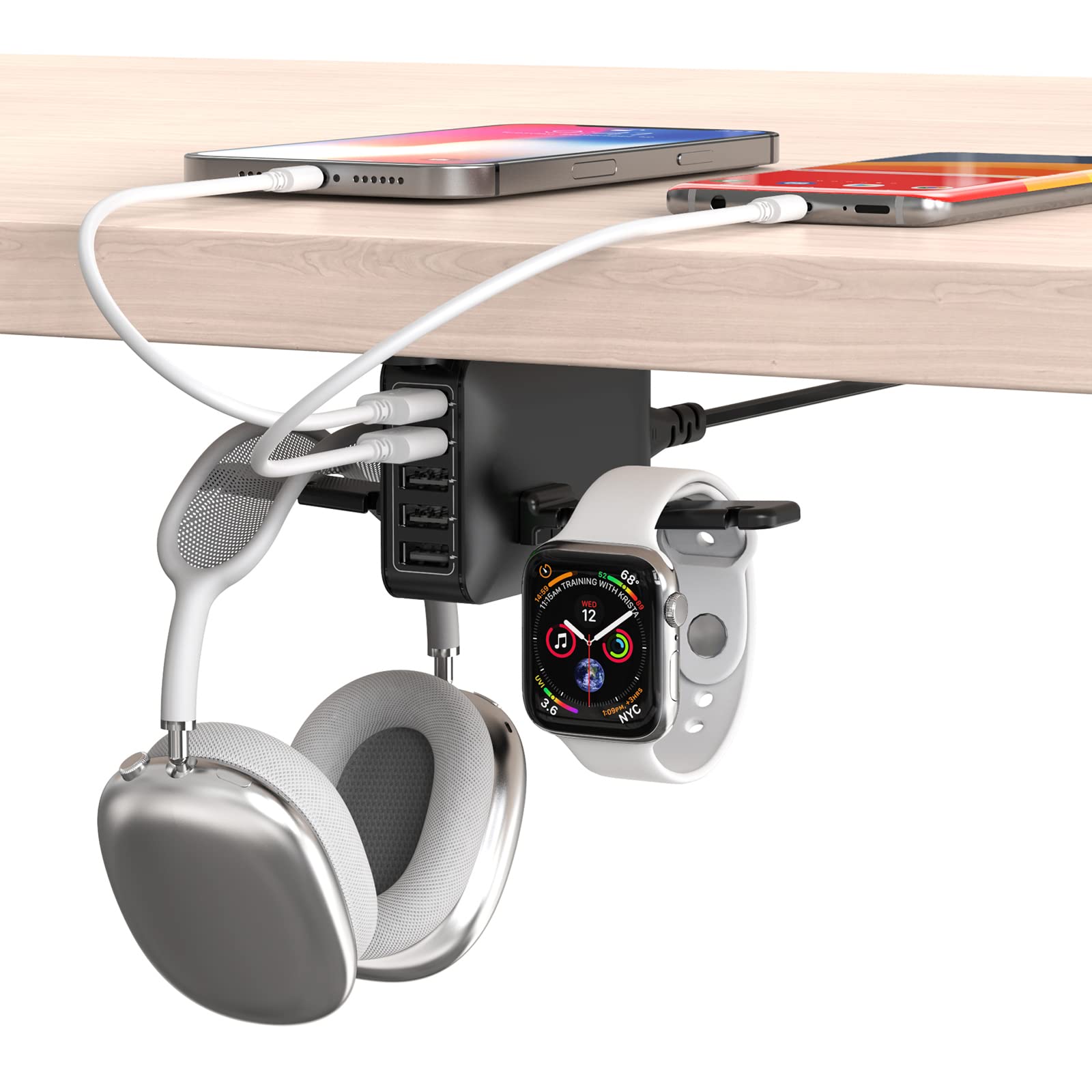 Premium Dual Headphone Stand with USB Charging Station - Under Desk Gaming Headset Holder for PC, PS5, Xbox - 5-Port USB Hub & Headphone Hanger - Perfect Gaming Gift for Men, Boyfriend, Husband - Ideal for Home Office & Gaming Setup