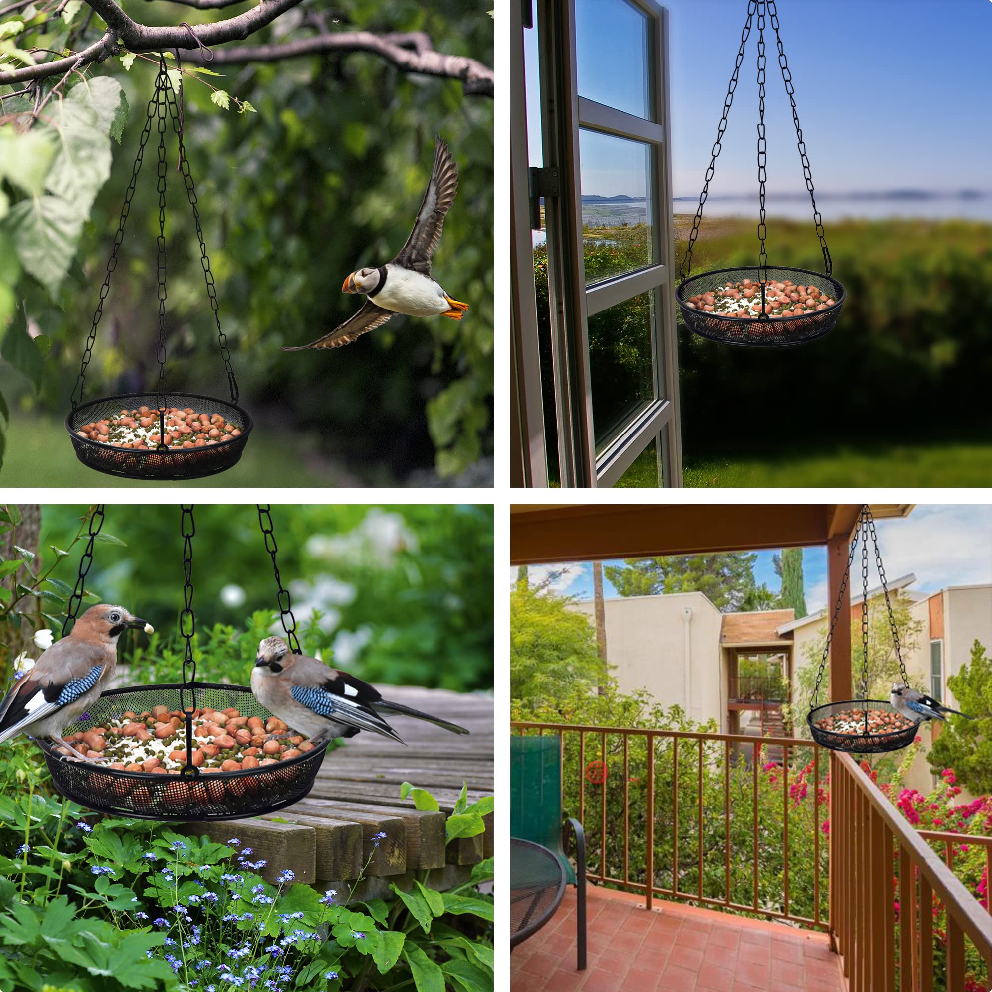 2 Pack Hanging Bird Feeder Tray - Durable Metal Iron Mesh Seed Platform for Outdoor Garden, Attracts Wild Birds (Circular/Black) - Perfect for Backyard, Patio & Bird Watching Enthusiasts