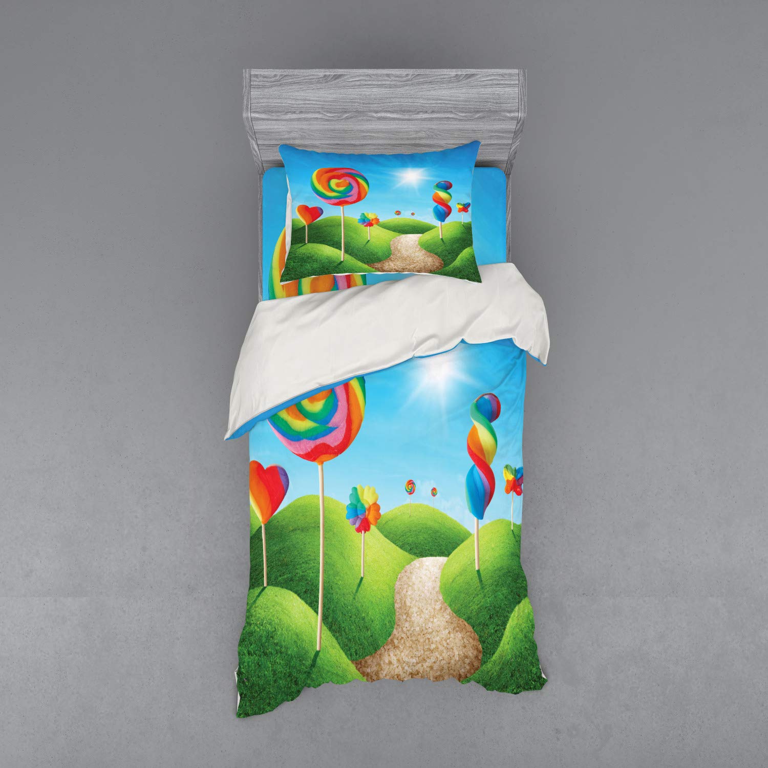 Ambesonne Fantasy Candy Land Bedding Set - 3 Piece Duvet Cover with Sham & Fitted Sheet, Twin XL Size, Vibrant Green Blue Red Print | Sweet Lollipop & Candy Design for Kids Room, Teen Bedroom or Whimsical Home Decor