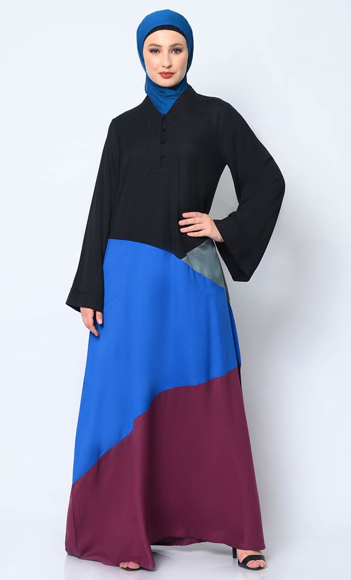 Stylish Women's Abaya Dress with Color Block Panels & Functional Pockets - Perfect for Prayer, Modest Fashion & Special Occasions