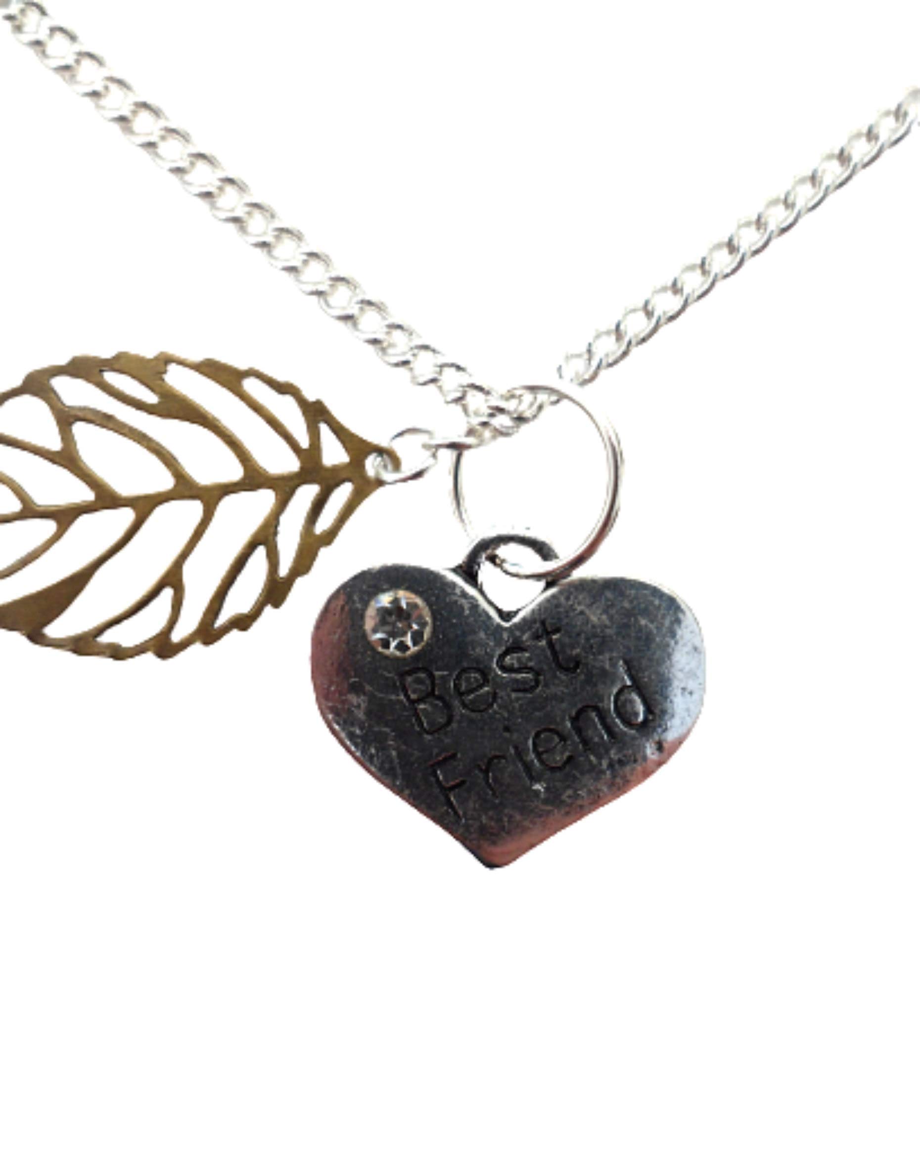 Silver Plated Autumn Leaf Pendant Necklace - Best Friend Love Heart Gem Jewelry for Daily Wear & Special Occasions