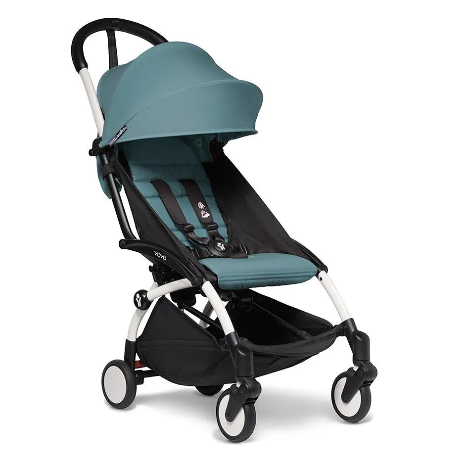 YOYO2 Lightweight Baby Stroller with Matching Canopy - White Frame & Aqua Seat Cushion | Compact Foldable Travel Stroller for Newborns & Toddlers | Perfect for Air Travel, Shopping & Daily Walks