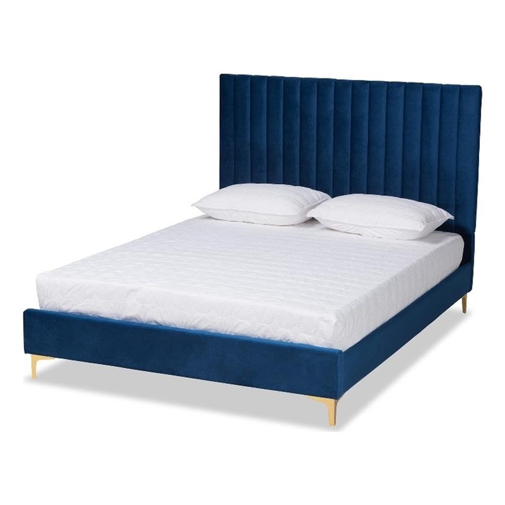 Baxton Studio Serrano Contemporary Queen Size Platform Bed - Navy Blue Velvet Upholstery with Gold Metal Frame | Luxurious Bedroom Furniture for Modern Home Decor
