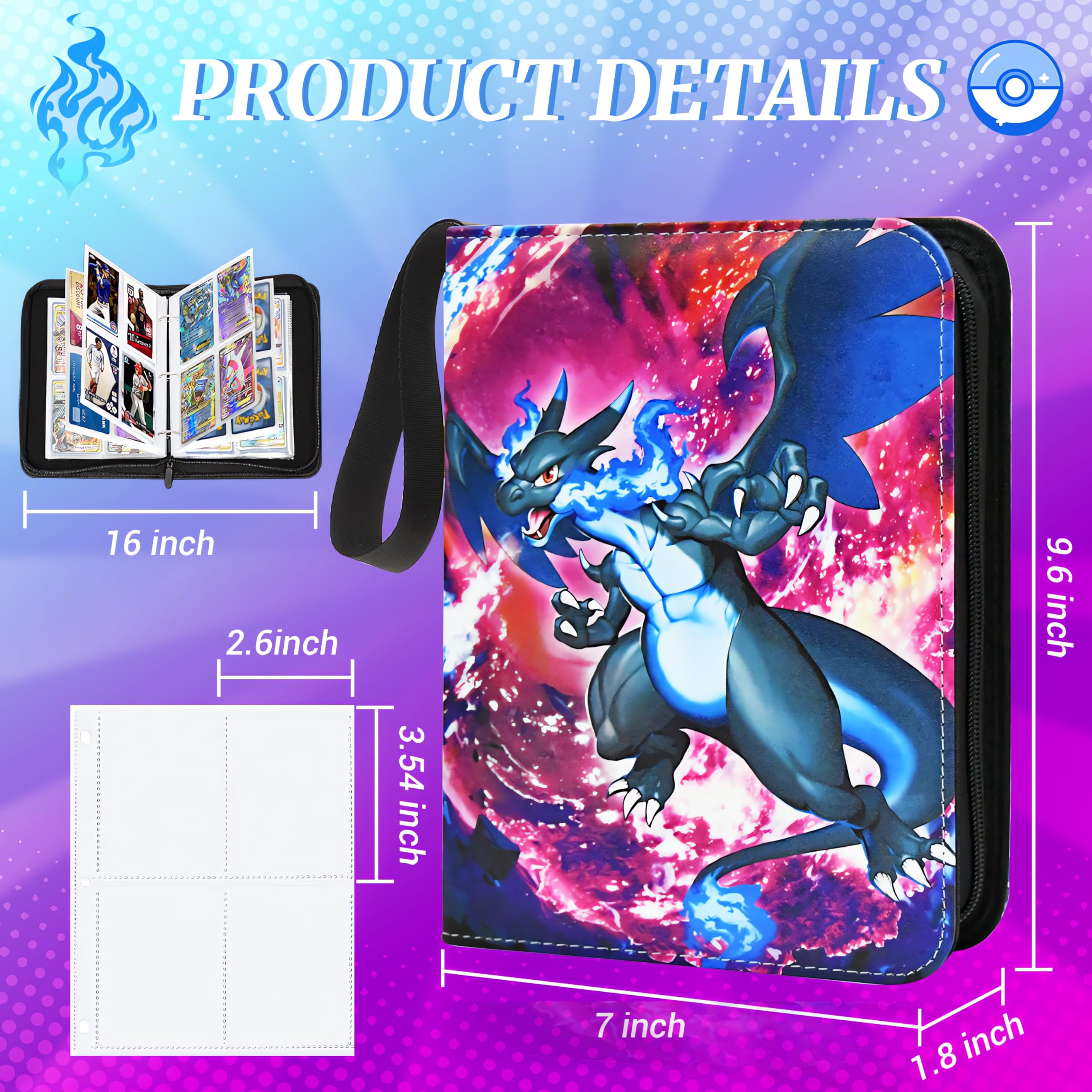 Premium Pokemon Card Binder Holder - 4 Pocket Pages with 50 Removable Sleeves, Fits 400 Trading Cards | TCG MTG Game Card Collector Album & Display Storage Case | Perfect for Card Showcases, Tournaments & Organized Play