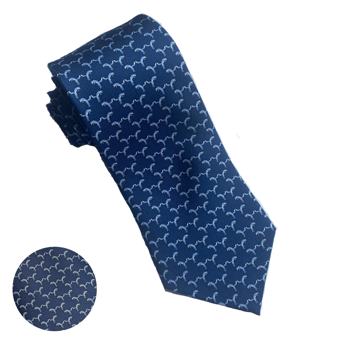 Premium 100% Silk Necktie - Fox & Light Blue on Navy Design - Elegant Formal Wear for Business, Weddings & Special Occasions
