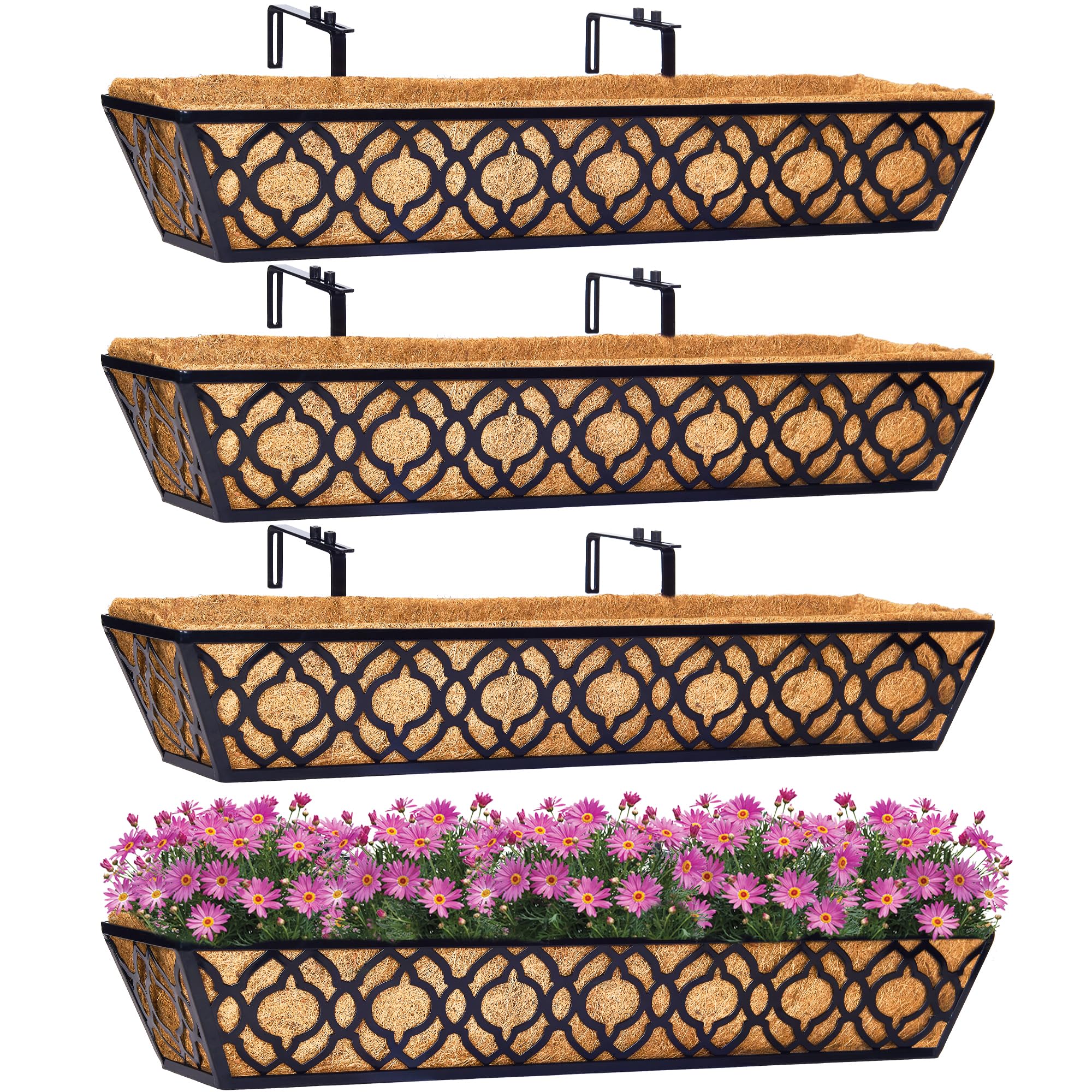 4 Pack 30 Inch Window Box Planter with Coconut Coir Liner - Metal Hanging Flower Basket for Deck, Railing, Indoor & Outdoor Use - Perfect for Flowers, Herbs, and Decorative Plants