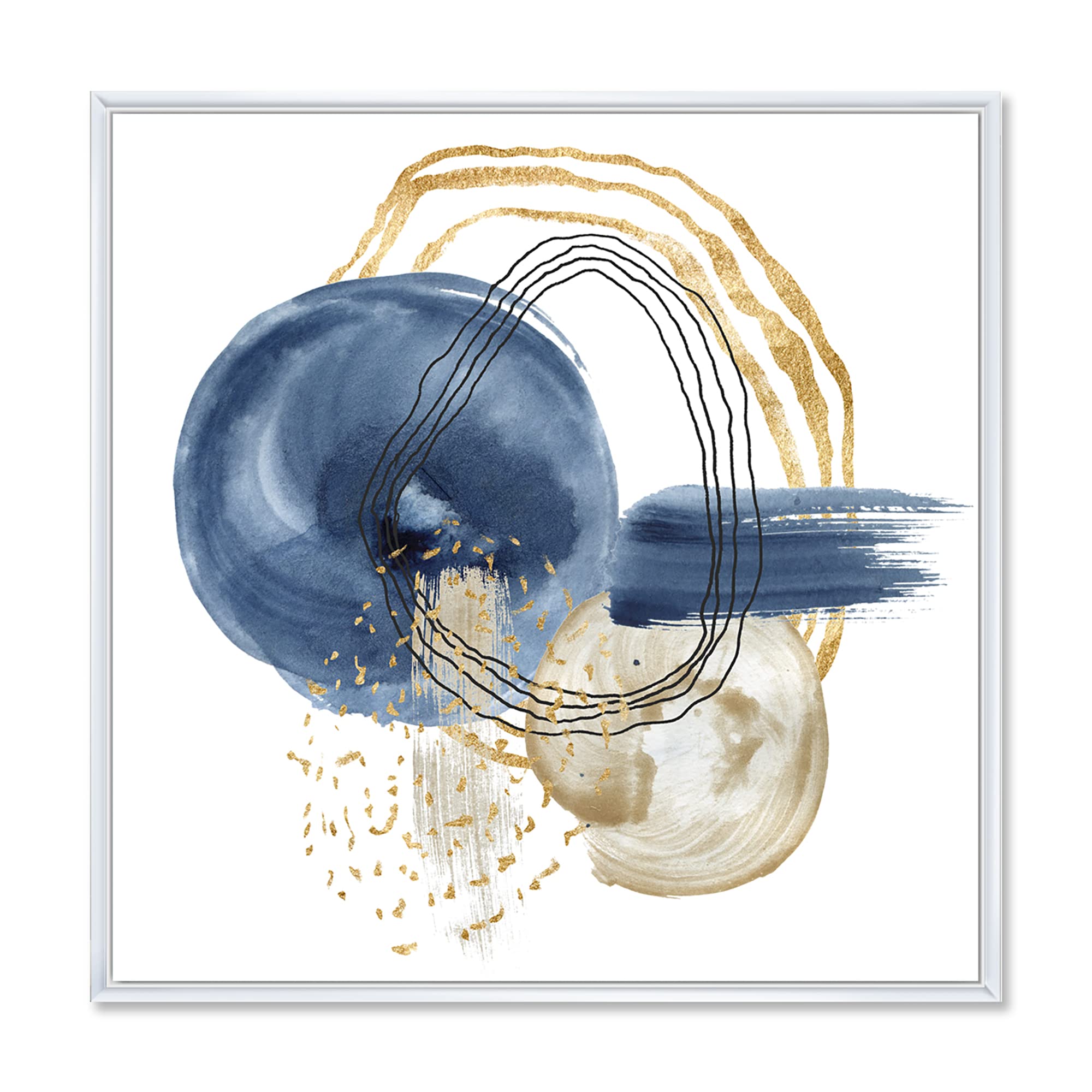 Abstract Dark Blue Gold & Black Underwater Life Canvas Wall Art - Modern Framed Ocean Themed Painting for Living Room, Bedroom & Office Decor