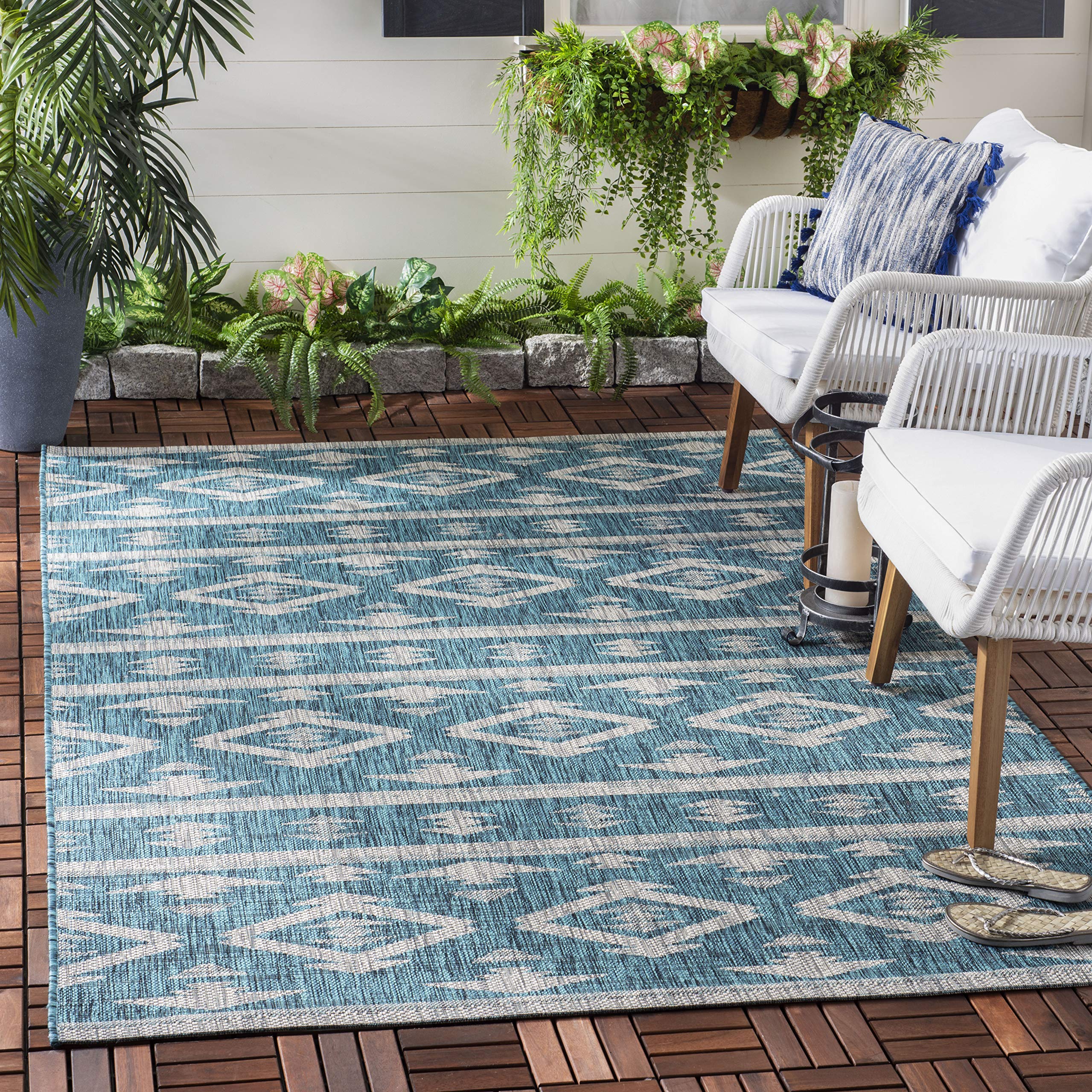 SAFAVIEH Courtyard Collection 9' x 12' Teal and Grey Indoor/Outdoor Rug - Waterproof, Easy to Clean, Stain Resistant for Patio, Backyard, Mudroom, Deck, Poolside & High Traffic Areas | CY8863