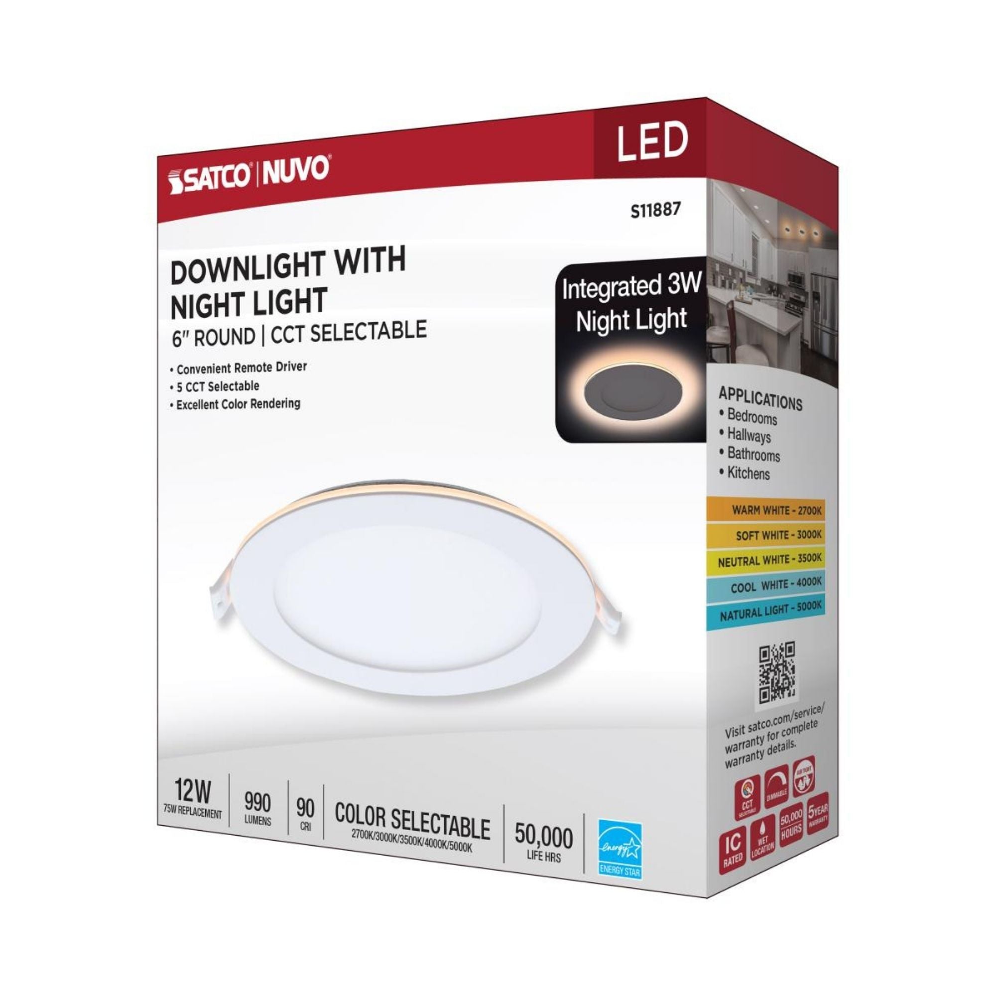 6 Inch LED Recessed Downlight with Night Light - 1000 Lumens, Adjustable Color Temperature (2700K-5000K), White Round Trim - Perfect for Bedrooms, Kitchens, and Hallways