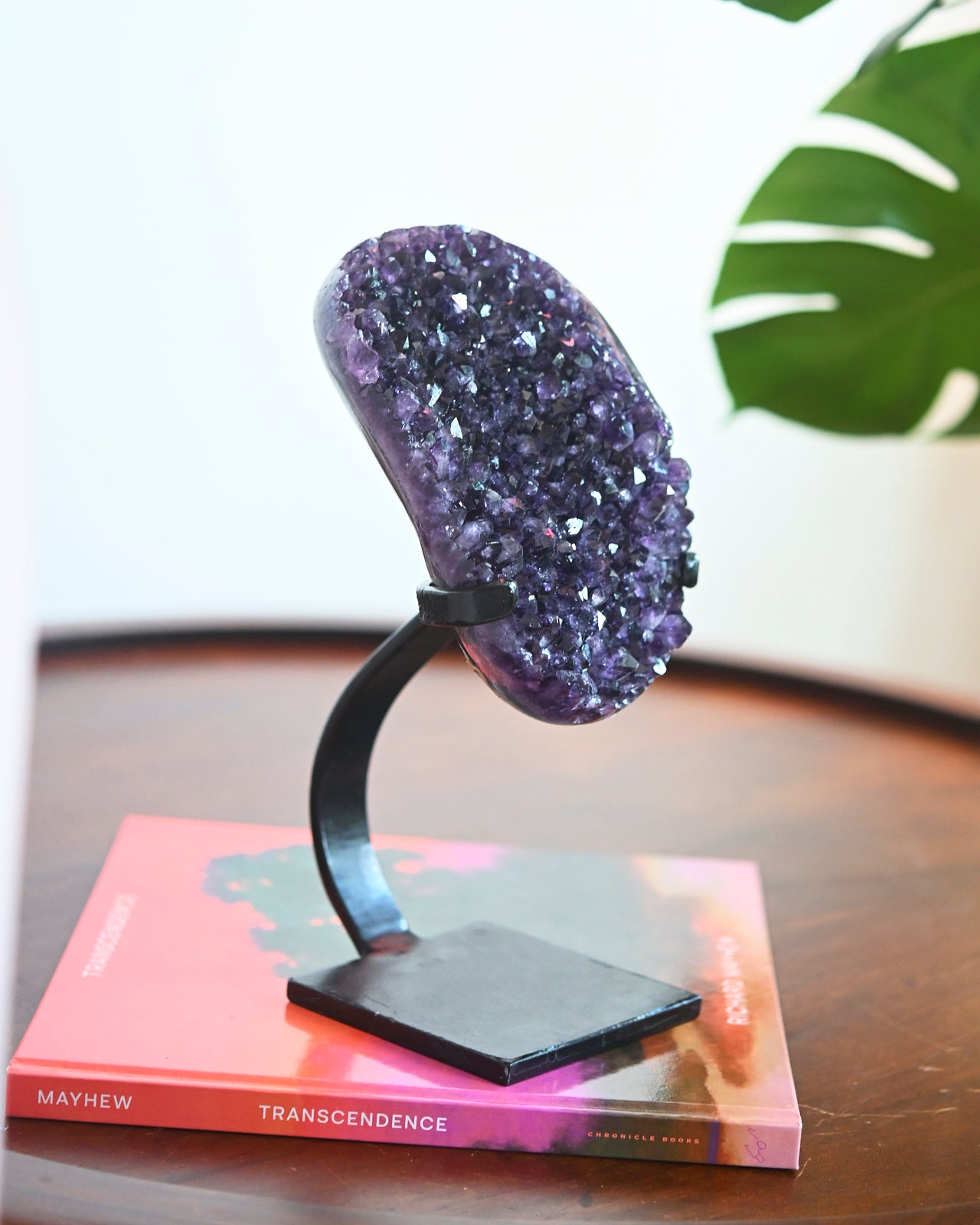 Natural Amethyst Crystal Geode on Wooden Stand - 5 lbs Raw Purple Quartz Cluster - Home Decor, Meditation Stone, Healing Crystal Gift for Spiritual Healing & Office Desk Decor