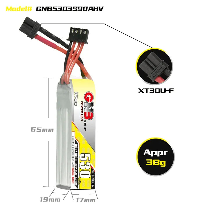 GNB/GAONENG 530mAh 3S 11.4V HV 90C LiPo Battery with XT30 Plug - High Performance RC Drone, Airplane & FPV Racing Battery