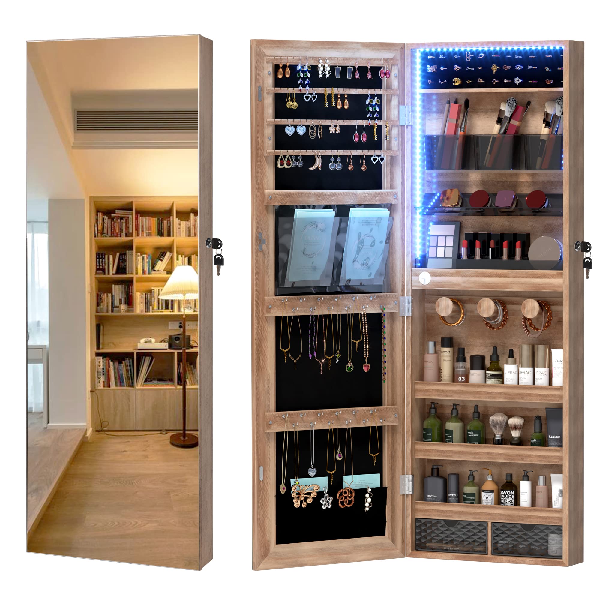 LVSOMT Lockable Jewelry Armoire Organizer with LED Lights - Wall Mounted Mirror Jewelry Cabinet with Storage, Brown - Perfect for Bedroom, Closet & Dressing Room Organization