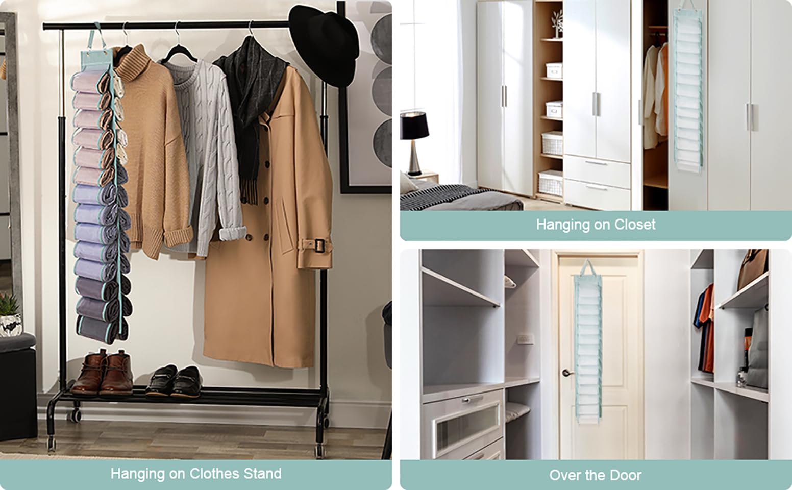 26 Compartment Hanging Closet Organizer for Leggings, T-Shirts & Clothes - Space Saving Storage for Yoga Pants, Tank Tops, Underwear & Towels (Grey) - Perfect for Bedroom, Closet & Travel Organization