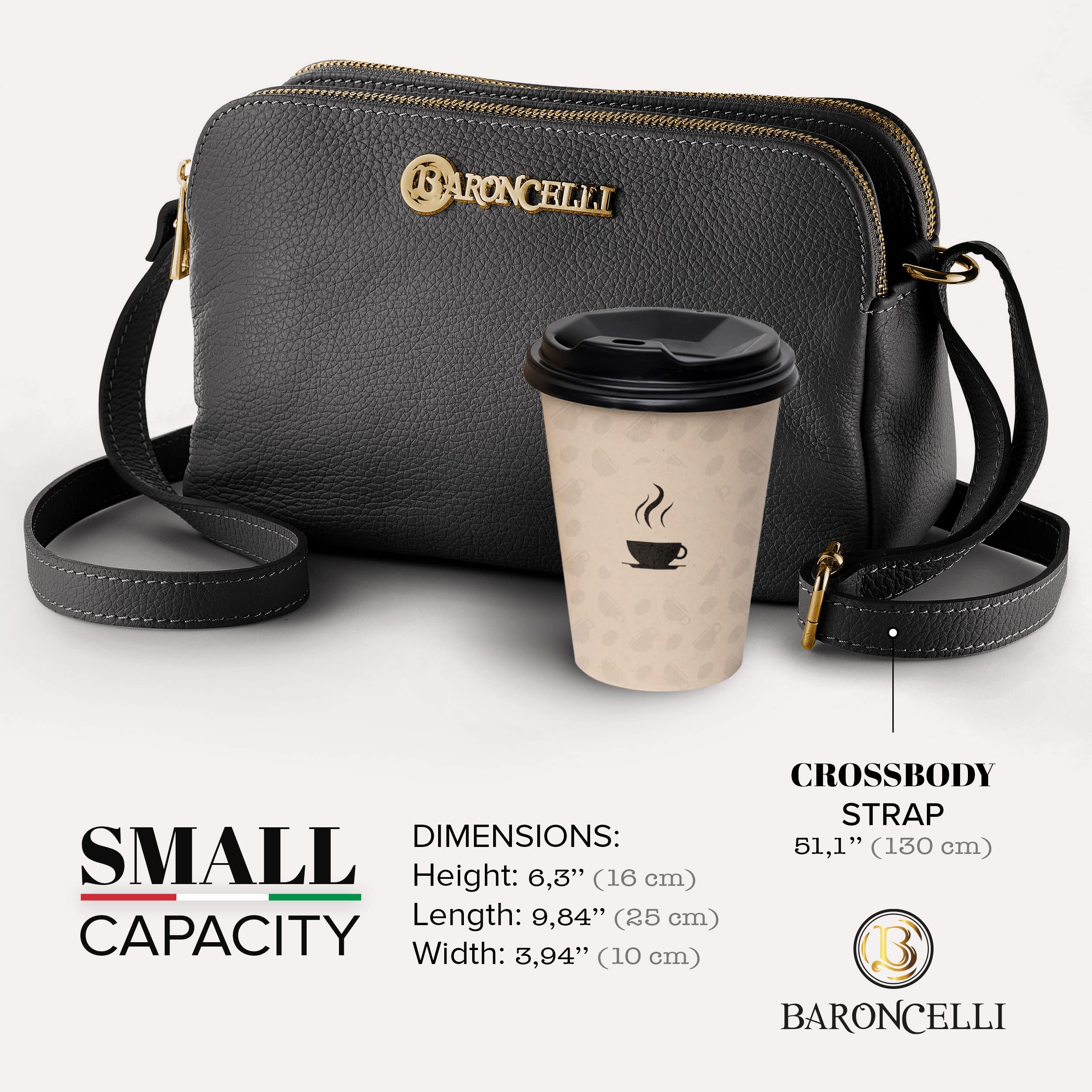 Baroncelli Italian Genuine Leather Crossbody Bag with Long Stripe - Stylish & Durable Handmade in Italy - Perfect for Women's Daily Use, Travel & Fashion Accessories