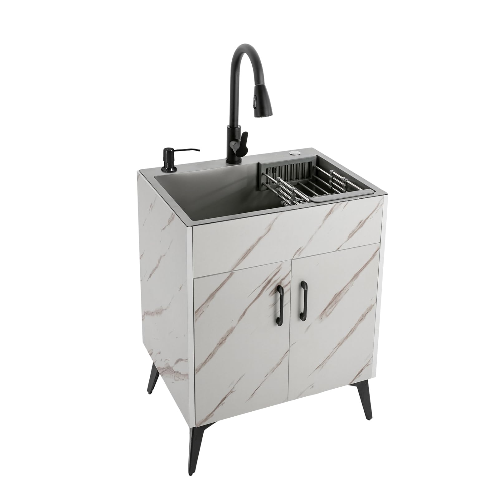 23.62 Inch Stainless Steel Laundry Sink with Cabinet & Pull-Out Sprayer Faucet - White Utility Sink for Laundry Room, Bathroom, Kitchen & Basement - Perfect for Washing Clothes, Cleaning Pets & Household Chores