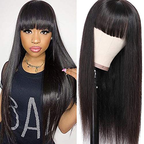Silky Brazilian Virgin Straight Human Hair Wig with Bangs - 130% Density Glueless Lace Front Wig for Black Women | Natural Color 26 Inch | Perfect for Daily Wear, Parties & Special Occasions