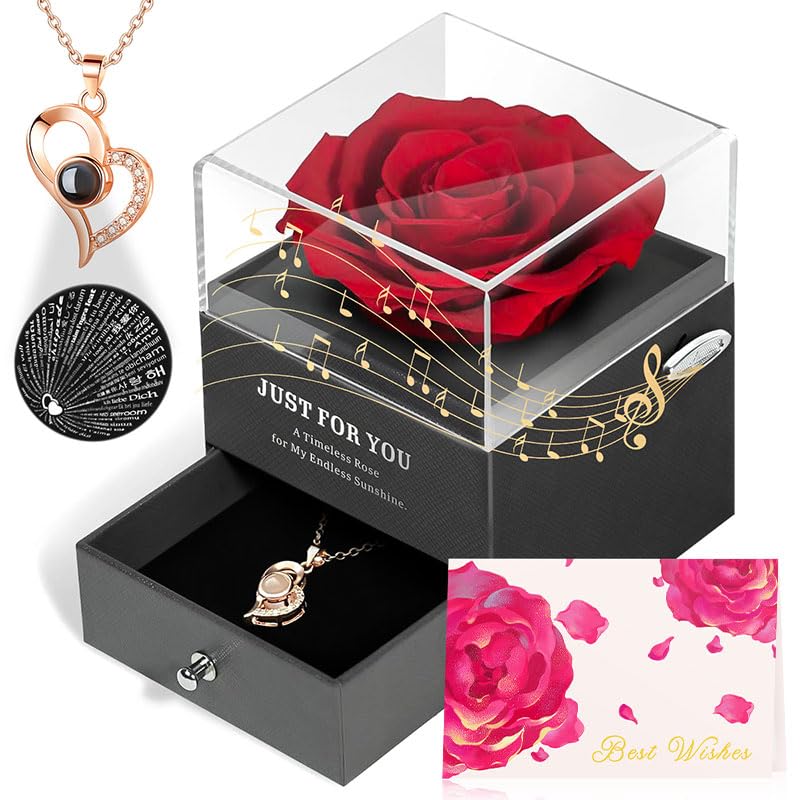 ADDWel Preserved Rose Gift Set for Women - Personalized Initial Letter Necklace & Eternal Rose Music Box with 'I Love You' Necklace in 100 Languages | Romantic Anniversary, Valentine's Day, Birthday Gift Idea