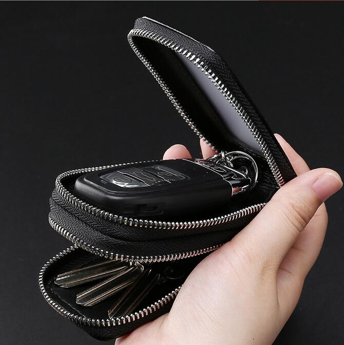 Leather Keychain Wallet with Double Zipper & Clear Window - Premium Key Organizer for Car Keys, Coins & Small Essentials - Perfect for Travel, Work & Everyday Carry