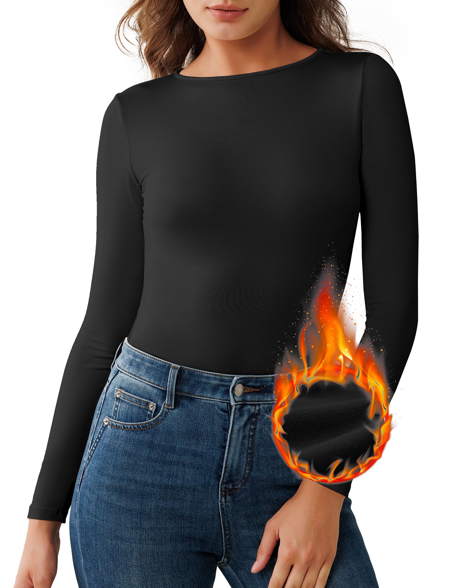 QOMEWA Women's Thermal Long Sleeve Shirts - Fleece Lined Crew Neck Slim Fit Base Layer for Cold Weather - Perfect for Winter Hiking, Skiing, and Outdoor Activities