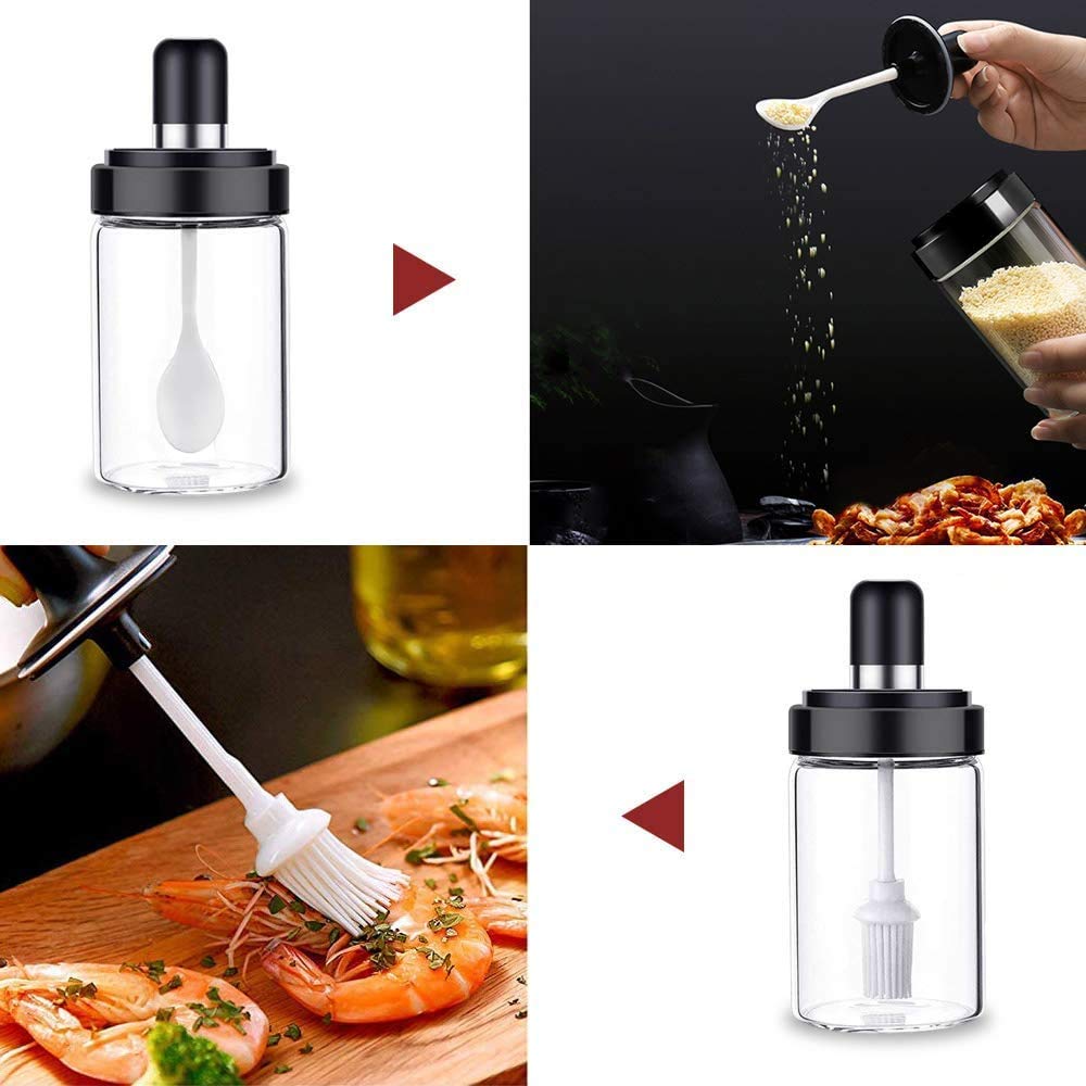 Borosilicate Glass Food Storage Jars with Spoon & Olive Oil Bottle with Brush - Airtight Spice Salt Sugar Condiment Containers for Kitchen & Restaurants - 250ml Transparent Glass Jars - Perfect for Pantry Organization, Meal Prep & Gourmet Cooking