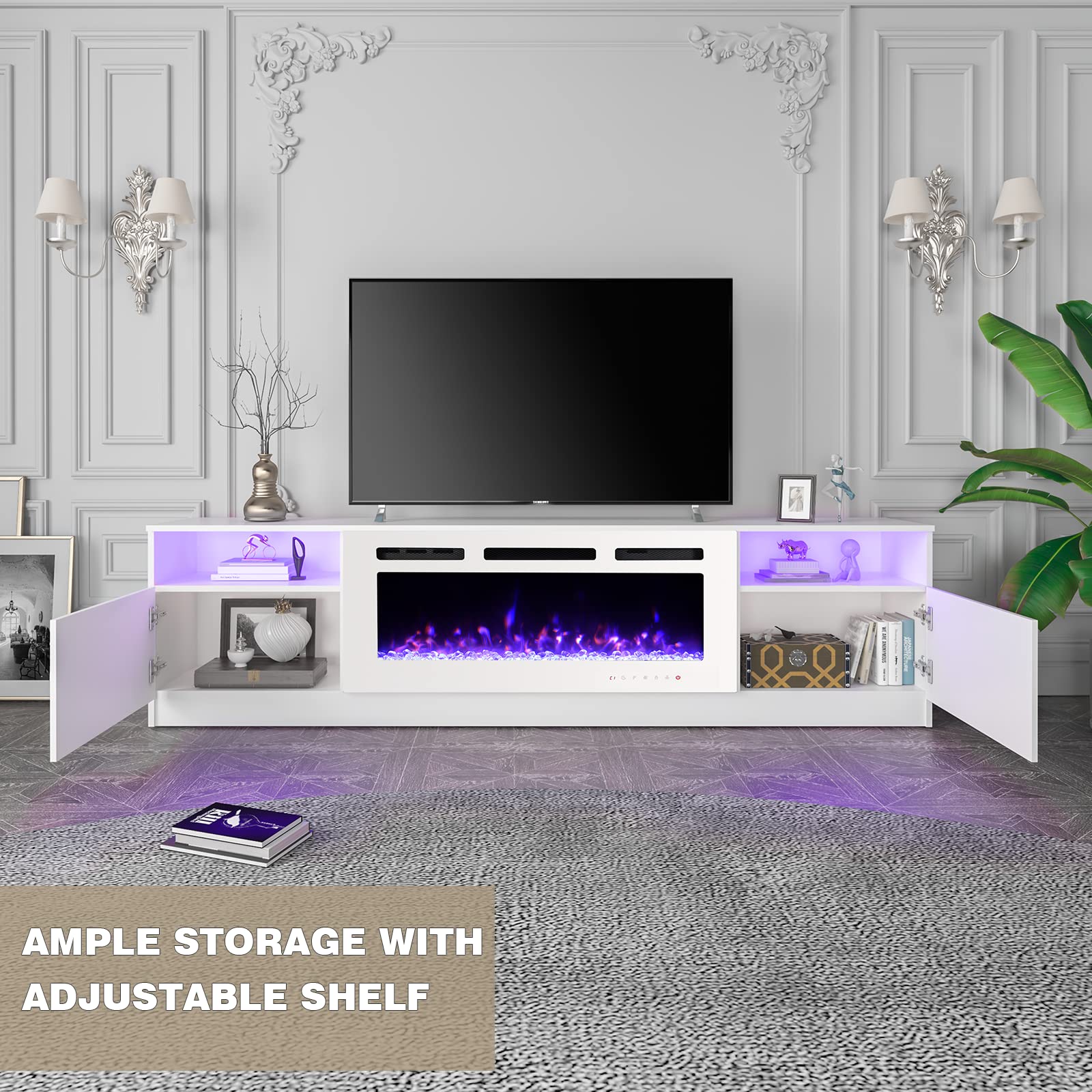 80'' Fireplace TV Stand with 40'' Electric Fireplace Heater - 16 Color LED Lights & 12 Flame Effects - Entertainment Center for TVs up to 90'' - Modern White TV Console for Living Room - Perfect for Home Theater Setup & Cozy Winter Nights