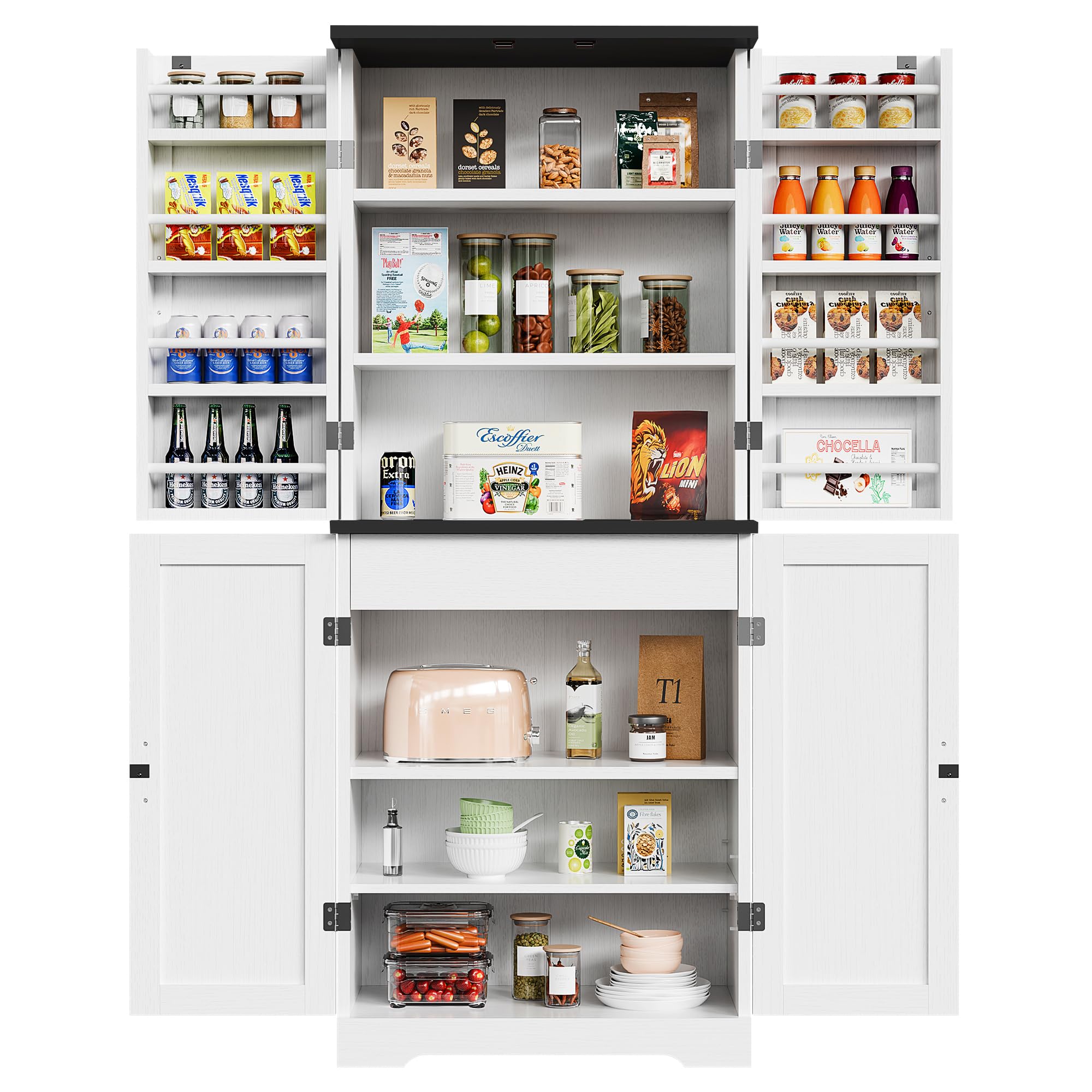 Rustic 6-Tier Wood Pantry Storage Cabinet with Barn Doors, Drawer & Adjustable Shelves - White Kitchen Cupboard for Dining Room, Living Room, Bathroom | Perfect for Organizing Spices, Dishes & Home Essentials
