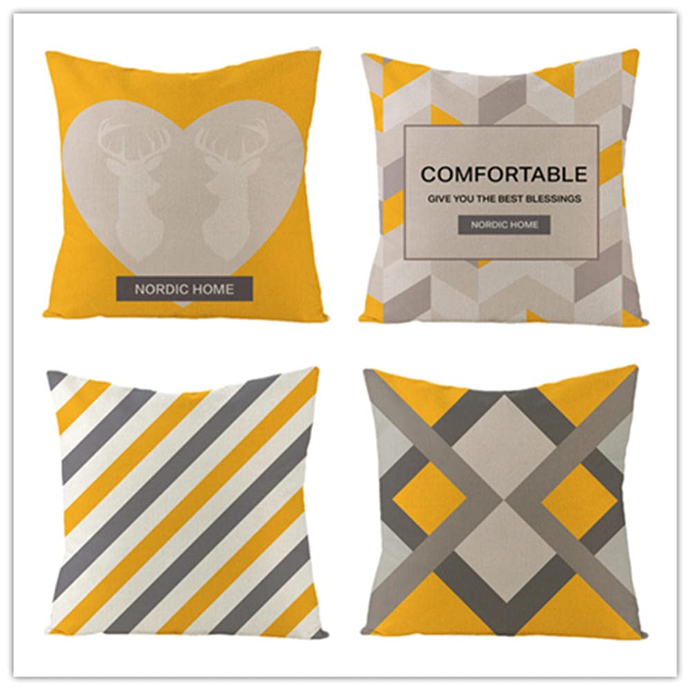 22x22 Inch Cotton Linen Throw Pillow Covers Set of 4 - Geometric Pattern Square Decorative Cushion Covers for Sofa, Couch & Bed in Yellow & Gray | Home Decor, Living Room Accent, Bedroom Styling N1491