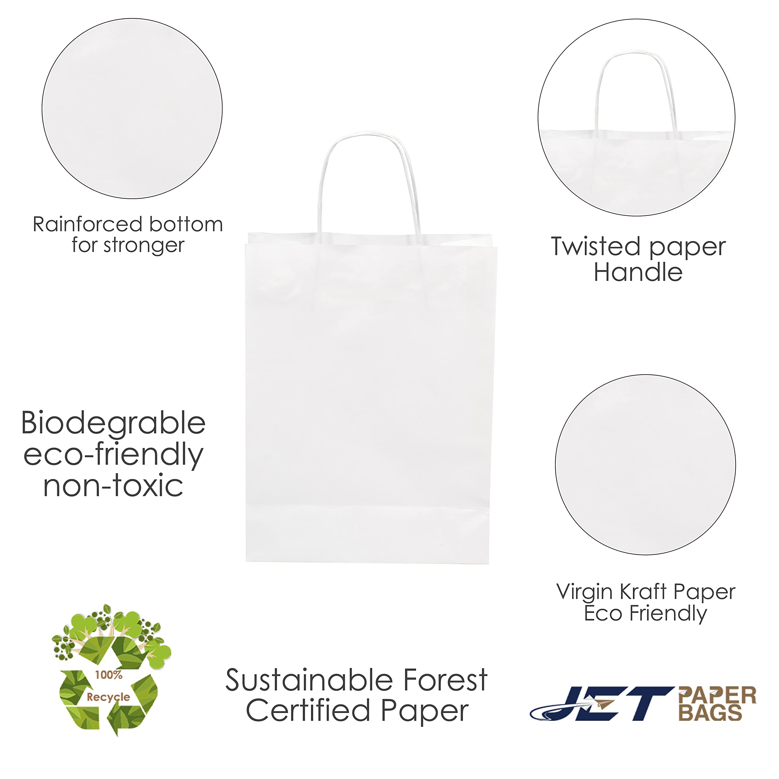 JET PAPER BAGS 13x7x17 Inches (250 Count) - White Kraft Paper Bags with Twisted Handles for Retail, Grocery, Party Favors & Gift Packaging | Eco-Friendly Recyclable Shopping Bags for Takeout, Wedding Favors & Craft Projects