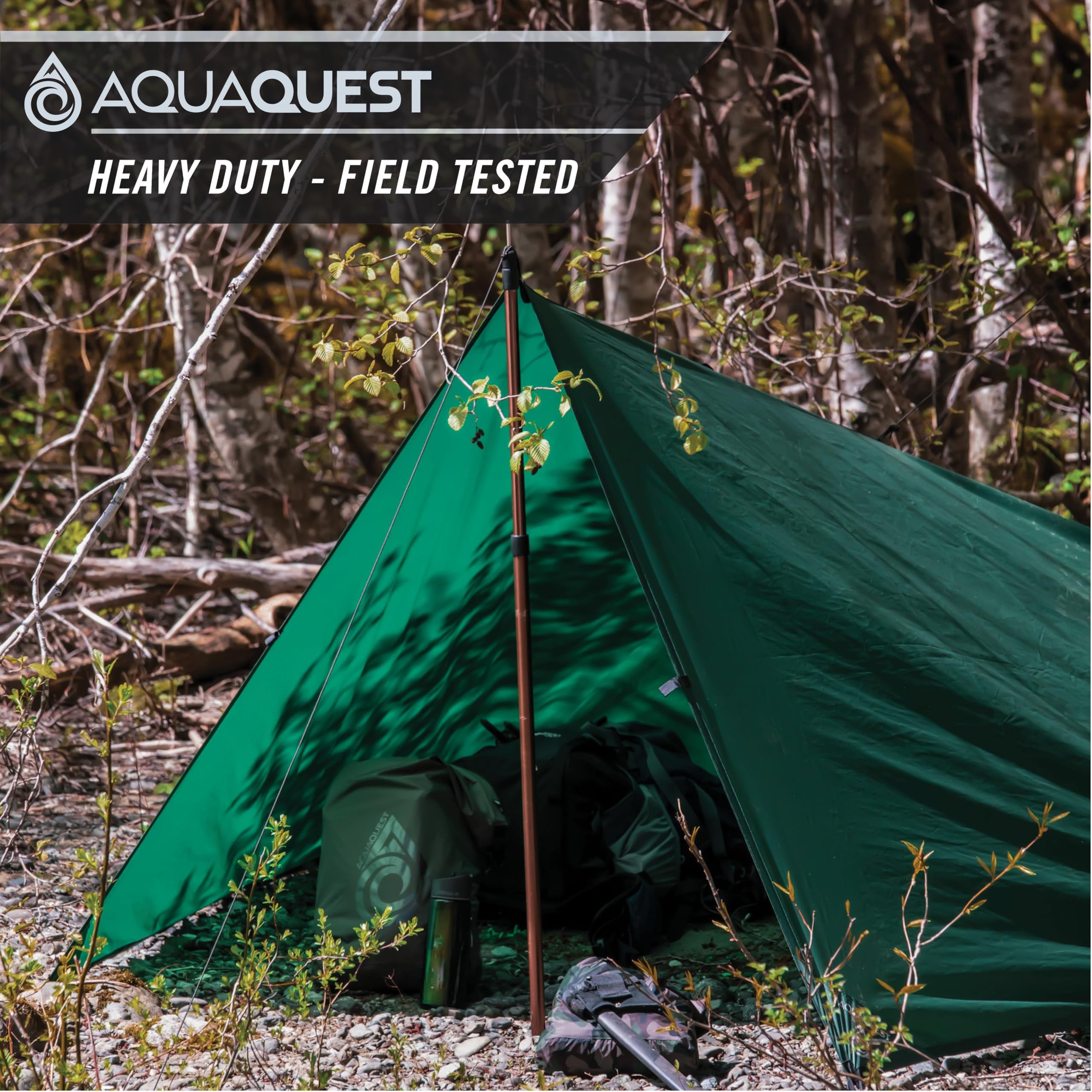 AquaQuest Defender Heavy Duty Waterproof Camping Tarp - All-Weather Tent Shelter & Rain Fly for Hiking, Bushcraft, Hammock - Perfect for Outdoor Adventures, Emergency Shelter & Backpacking Essentials