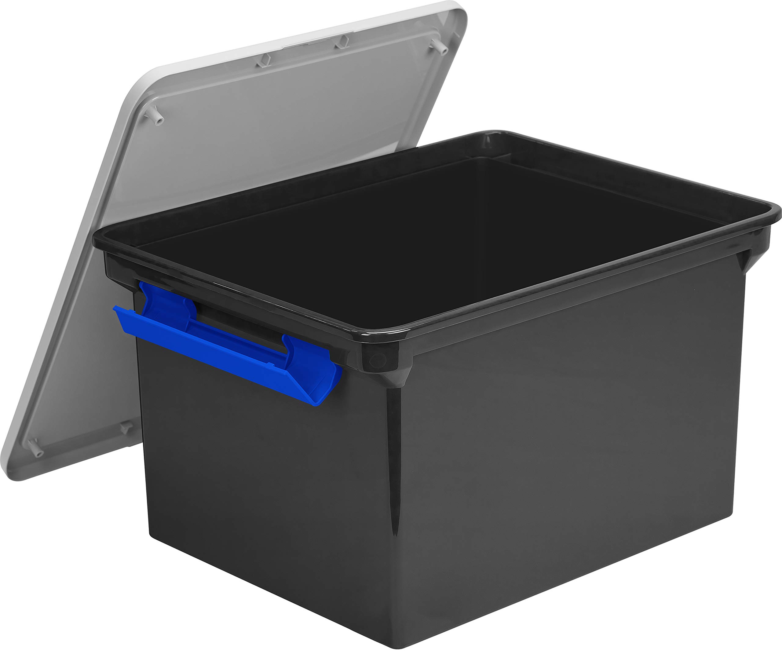 Storex Storage File Tote with Locking Handles - 4-Pack Black/Silver File Organizer for Office, School & Home - Secure Document Storage Box with Durable Handles (61543A04C)