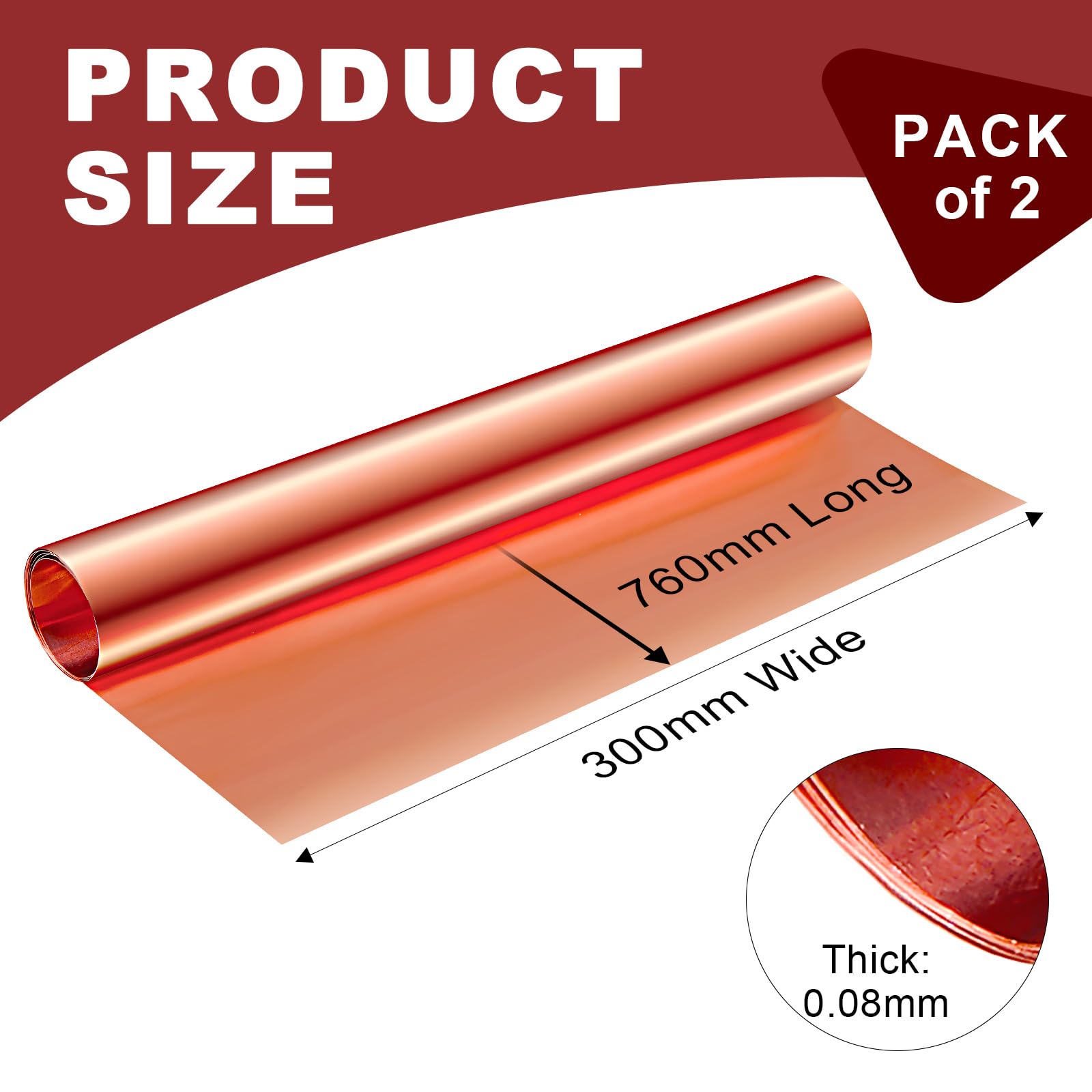 2 Pcs 99.9% Pure Copper Foil Sheet Rolls - 0.08mm x 300mm x 760mm Copper Flashing for Metal Crafting, DIY Projects, Jewelry Making & Roof Repair - High-Quality Copper Sheets for Artisans and Home Improvement