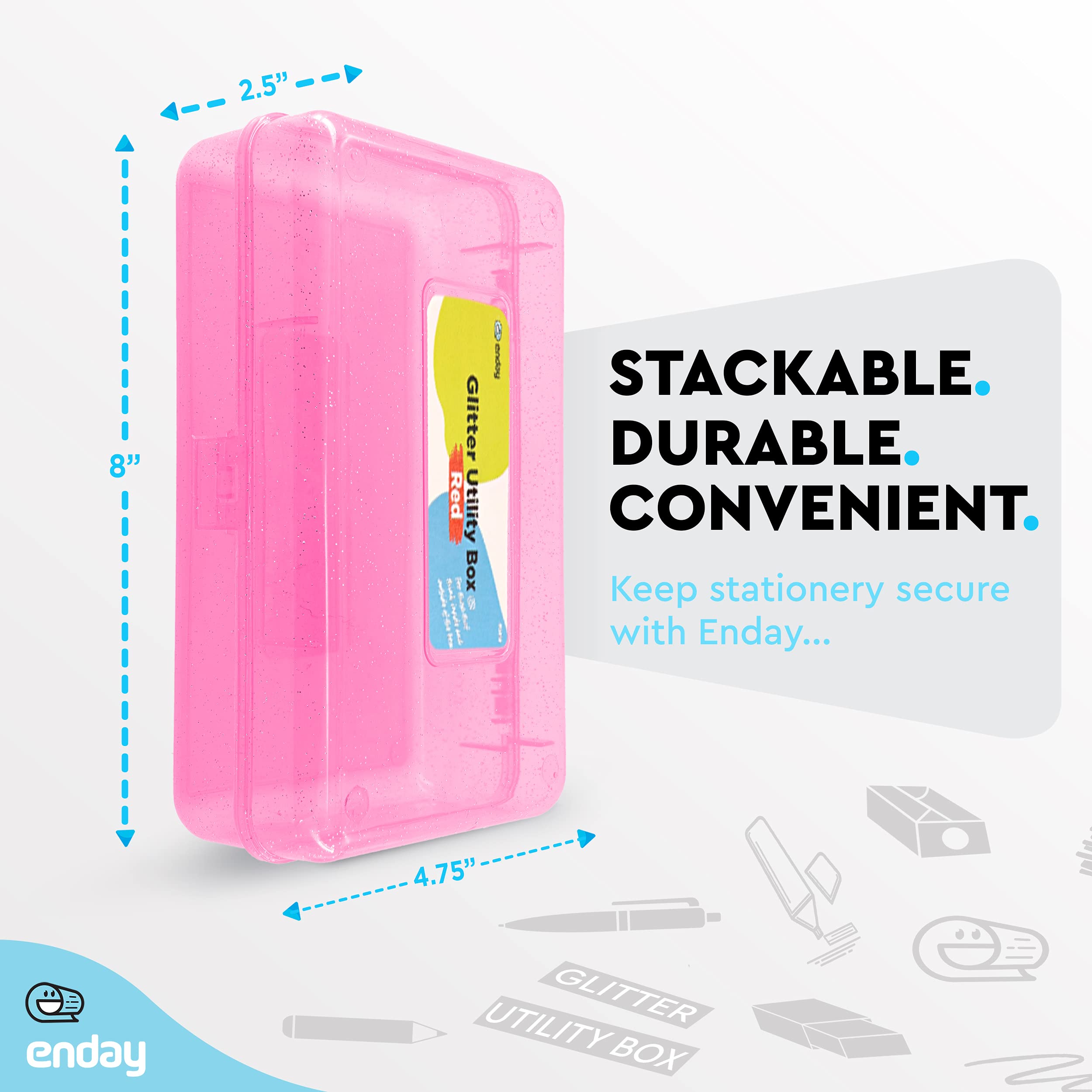 Enday Plastic Pencil Box with Snap Closure - Small School & Office Supply Organizer for Crayons, Pens & Art Supplies (Pink, Glitter Green, Purple, Blue, Red, Grey) - Perfect for Students, Teachers & Craft Storage