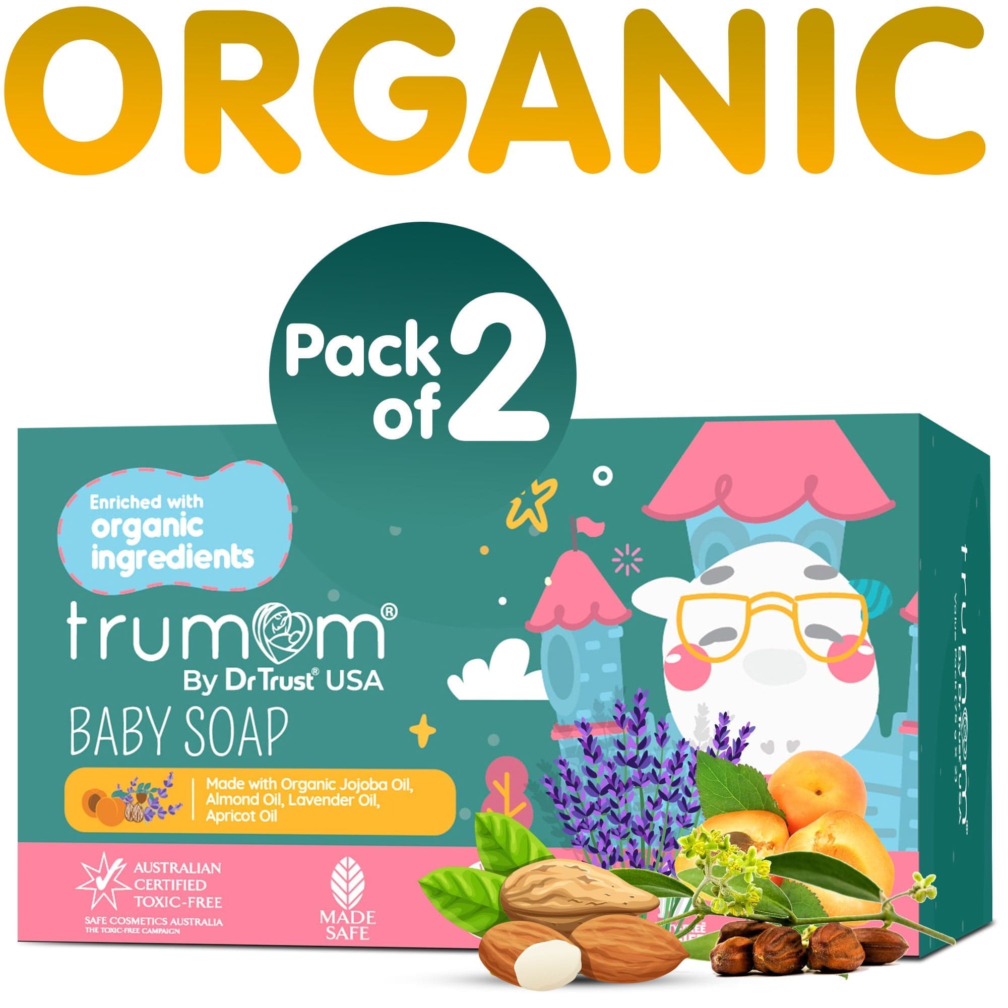 Organic Baby Soap Bar - Gentle Cleansing, Toxin-Free & pH Balanced for Sensitive Skin | Safe Certified, Made in USA | Pack of 2 | Perfect for Newborns & Toddlers Bath Time (Expiry March 2024)
