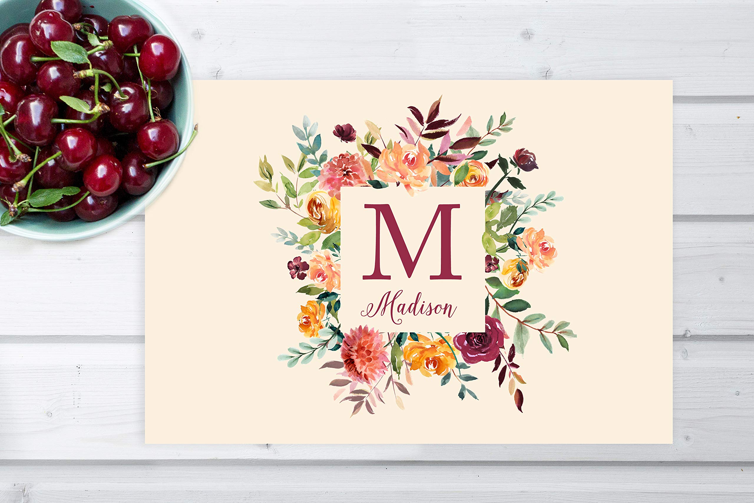Andaz Press Custom Personalized Disposable Paper Placemats - 12x18 Inch Set of 25 - Ivory Floral Monogram Design for Wedding, Bridal Shower, Baby Shower, Party & Holiday Dining - Elegant Table Setting & Decoration for Special Occasions