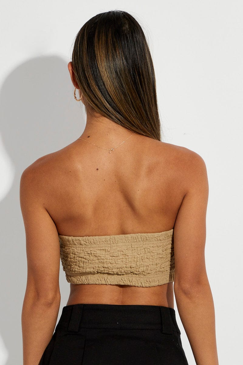 Beige Bandeau Top for Women - Textured Stretchy Tube Top - Perfect for Beach, Summer Outfits & Layering