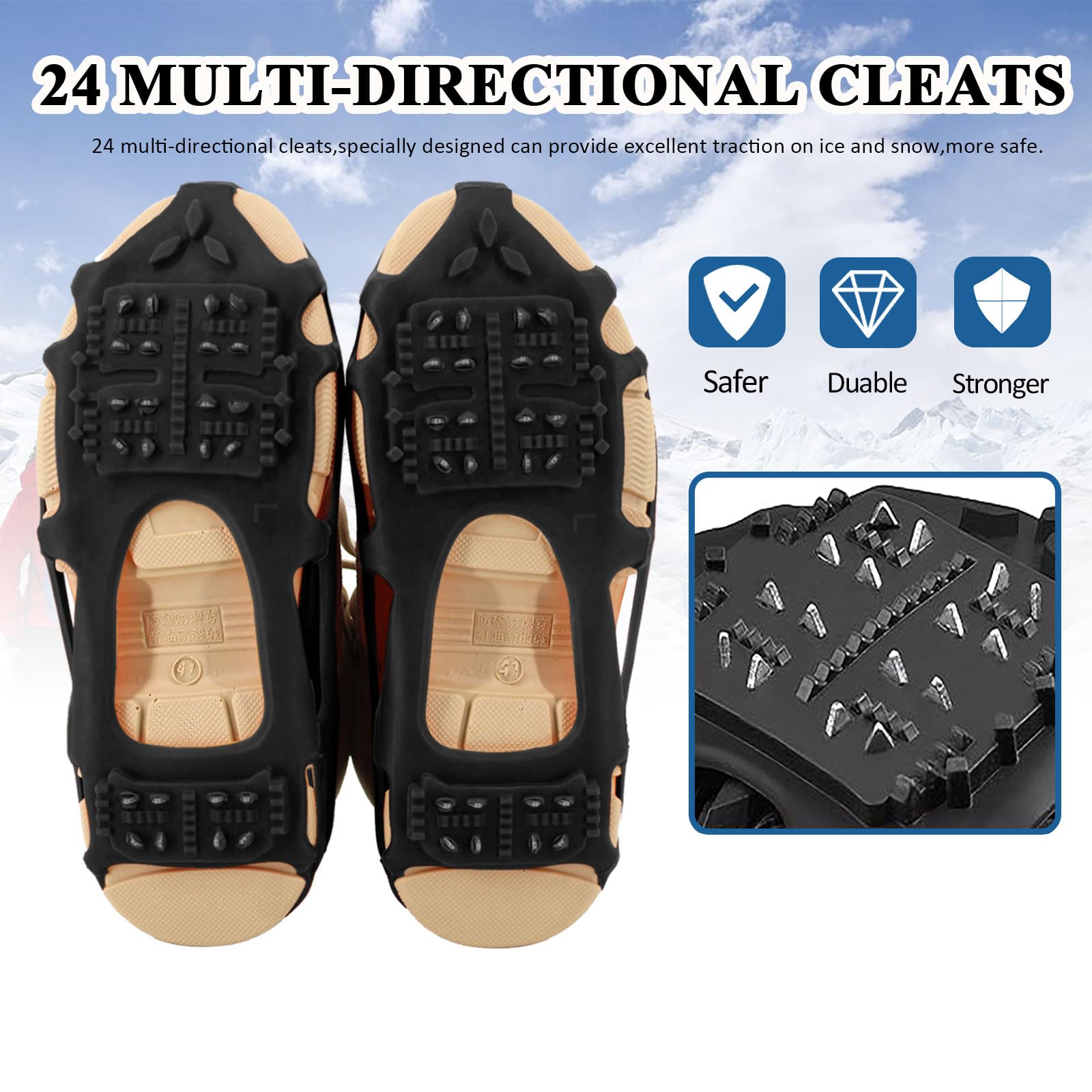 Non-Slip Ice Cleats for Shoes & Boots - Traction Crampons for Men, Women & Kids - Winter Hiking, Climbing, Walking & Fishing - Rubber Stainless Steel Spikes for Snow & Ice - Perfect for Outdoor Adventures & Slippery Conditions