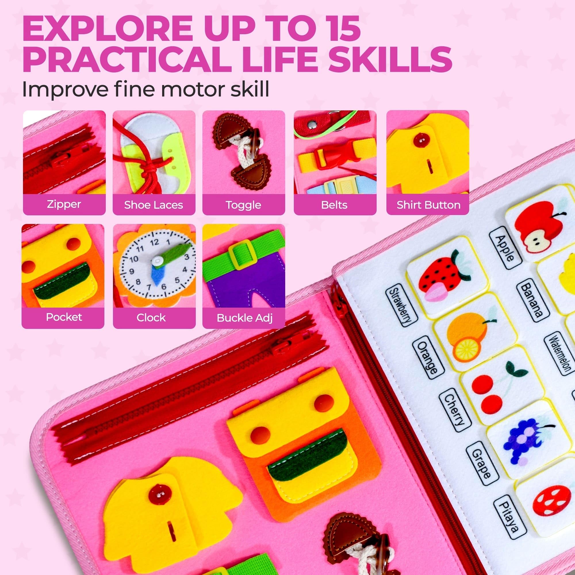 Montessori Busy Board for Toddlers 1-5 - Sensory Travel Toy & Learning Activity for Fine Motor Skills - Perfect Birthday Gift for Girls & Preschoolers