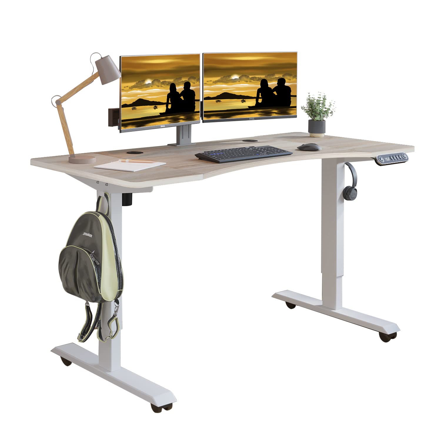Adjustable Height Electric Standing Desk - 55 x 30 Inch Sit Stand Computer Desk with Splice Board, White Frame & Oak Top (Rounded Edge) - Ergonomic Home Office Desk for Work, Gaming & Study