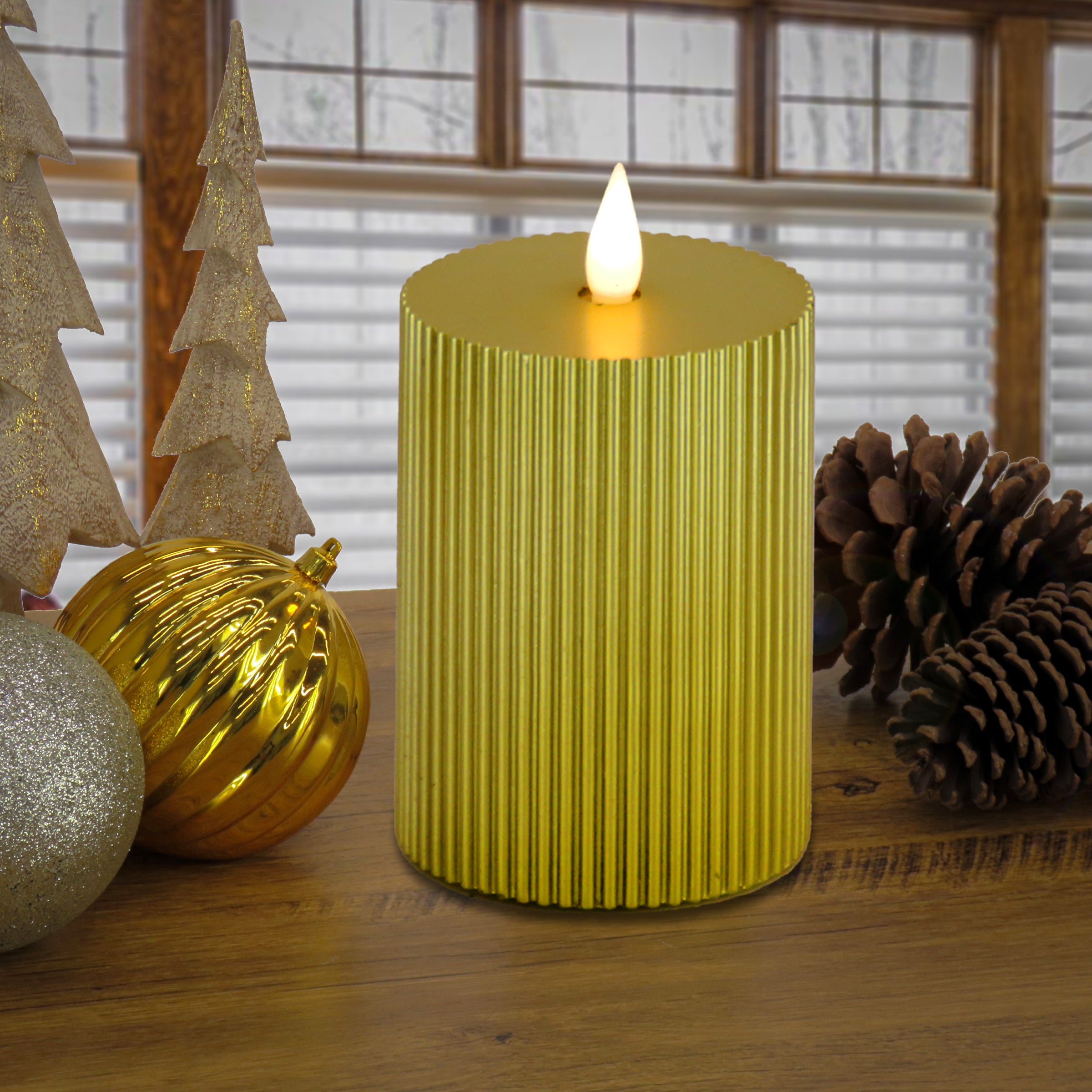 HGTV Home Collection Flameless Georgetown Pillar Candle - 5x9 Inches Gold LED Decorative Candle for Home Decor, Wedding Centerpieces & Cozy Ambiance