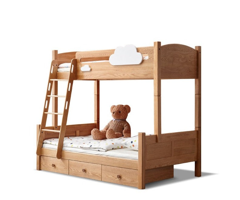Solid Oak Wood Multi-Functional Bunk Bed with Ladder & Guardrails - Space-Saving Kids Bedroom Furniture for Siblings or Sleepovers