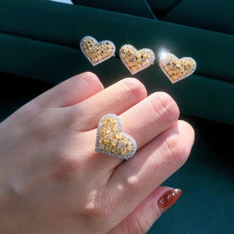 18K Solid Gold Heart Shape Ring with Real Yellow & White Diamonds - Elegant Fine Jewelry for Women, Trendy Party Wear, Anniversary Gift & Special Occasions