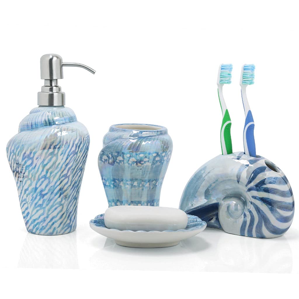 Premium Ceramic Soap Dispenser Set - 4-Piece Conch Shape Bathroom Accessories (Blue) | Includes Soap Dispenser, Toothbrush Holder, Gargle Cup & Soap Dish | Elegant Bathroom Decor for Home, Hotel & Spa