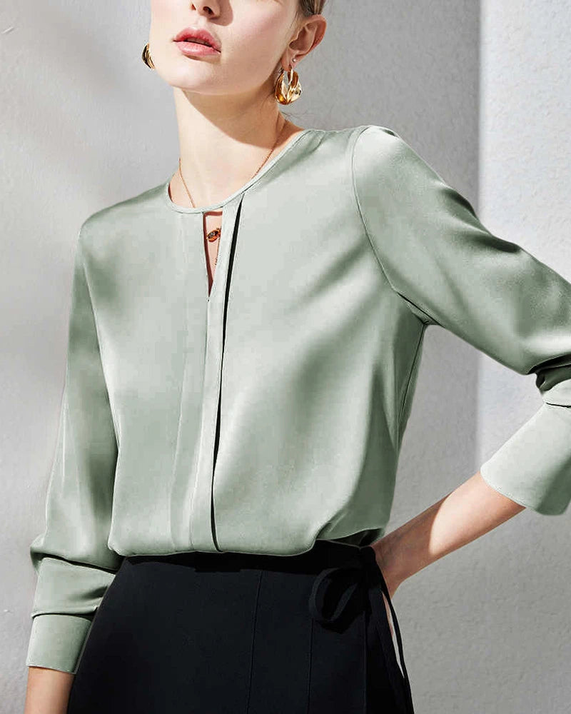 Luxury Women's Silk Blouse with Side Slit - Elegant Satin Shirt for Office, Party & Special Occasions