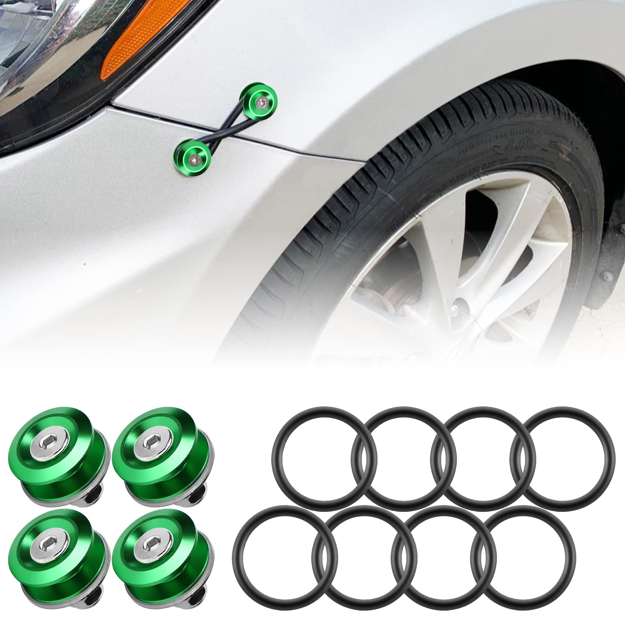 JDM Quick Release Bumper Fasteners Kit - 4 Piece Front & Rear Bumper Clips with 8 O-Rings (Green) | Universal Fit for Car Body Kits, Drift Racing & Custom Builds