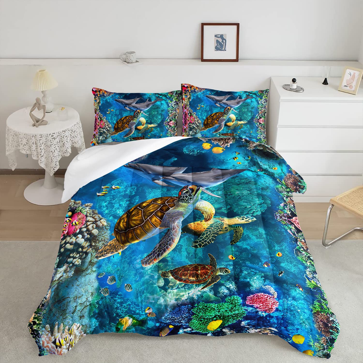 CVHOUSE Sea Turtle Comforter Set - Ocean Themed Queen Size Bedding for Kids & Teens | Soft Duvet Cover & Quilt Set with Turtle Design | Perfect for Beach Themed Bedrooms & Coastal Decor